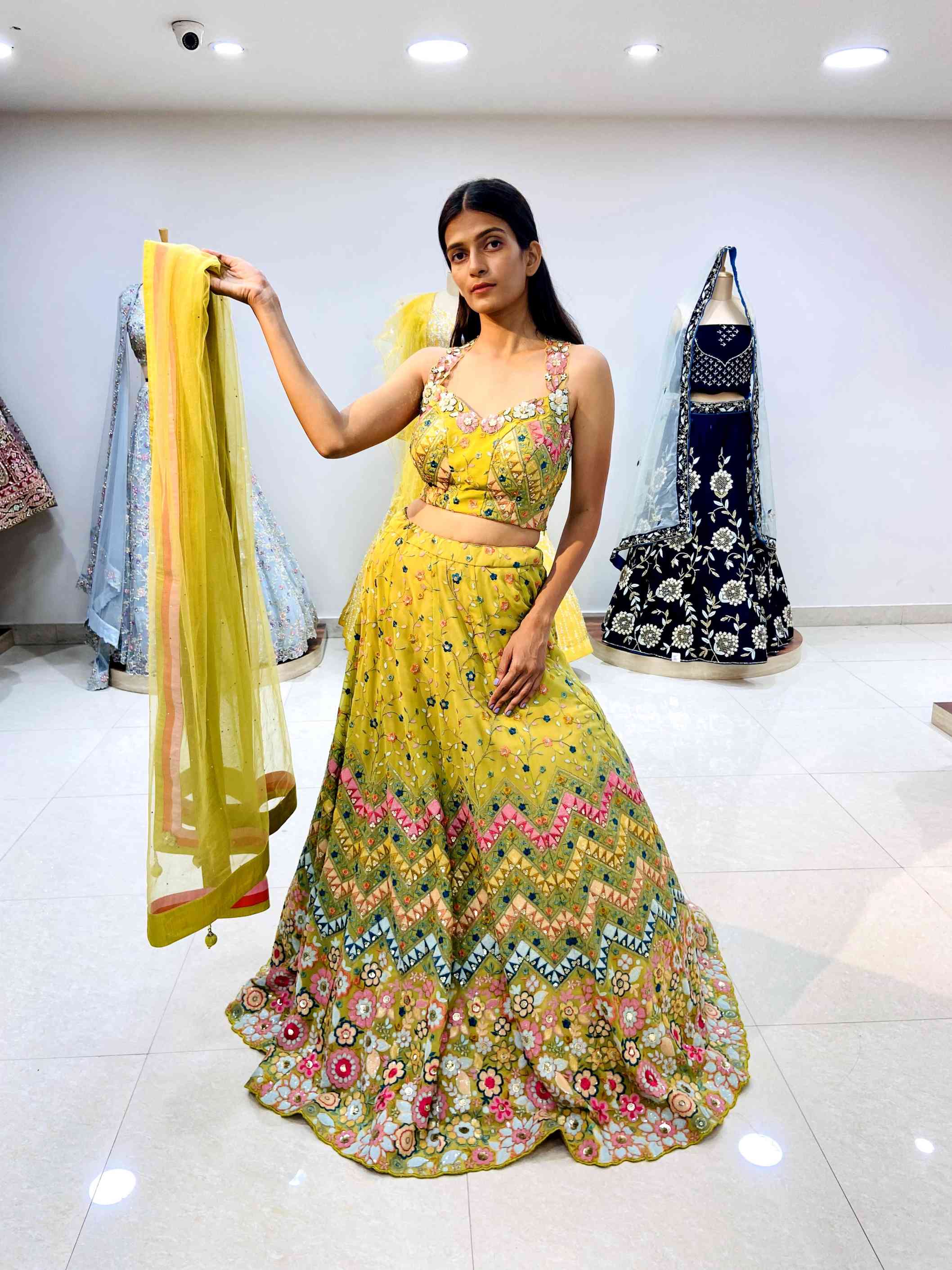 Lime Green Floral Lehenga - Daabu Jaipur