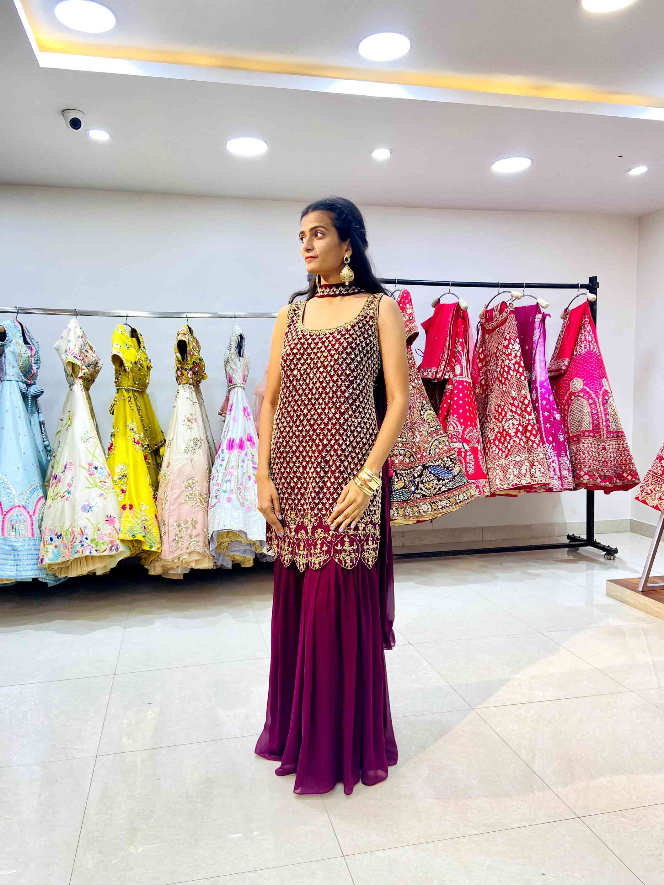 Maroon Designer Georgette Sharara - Daabu Jaipur