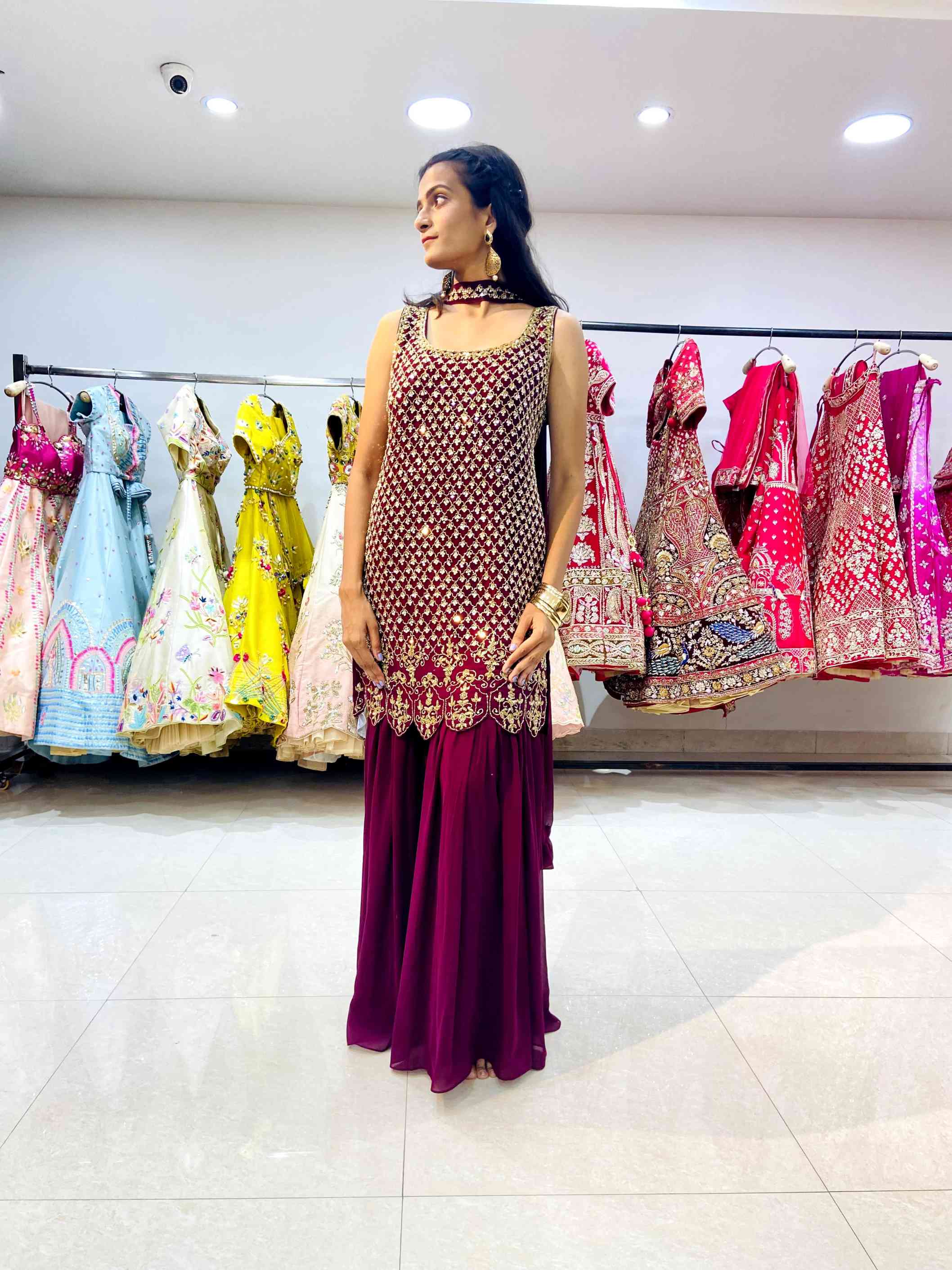 Maroon Designer Georgette Sharara - Daabu Jaipur