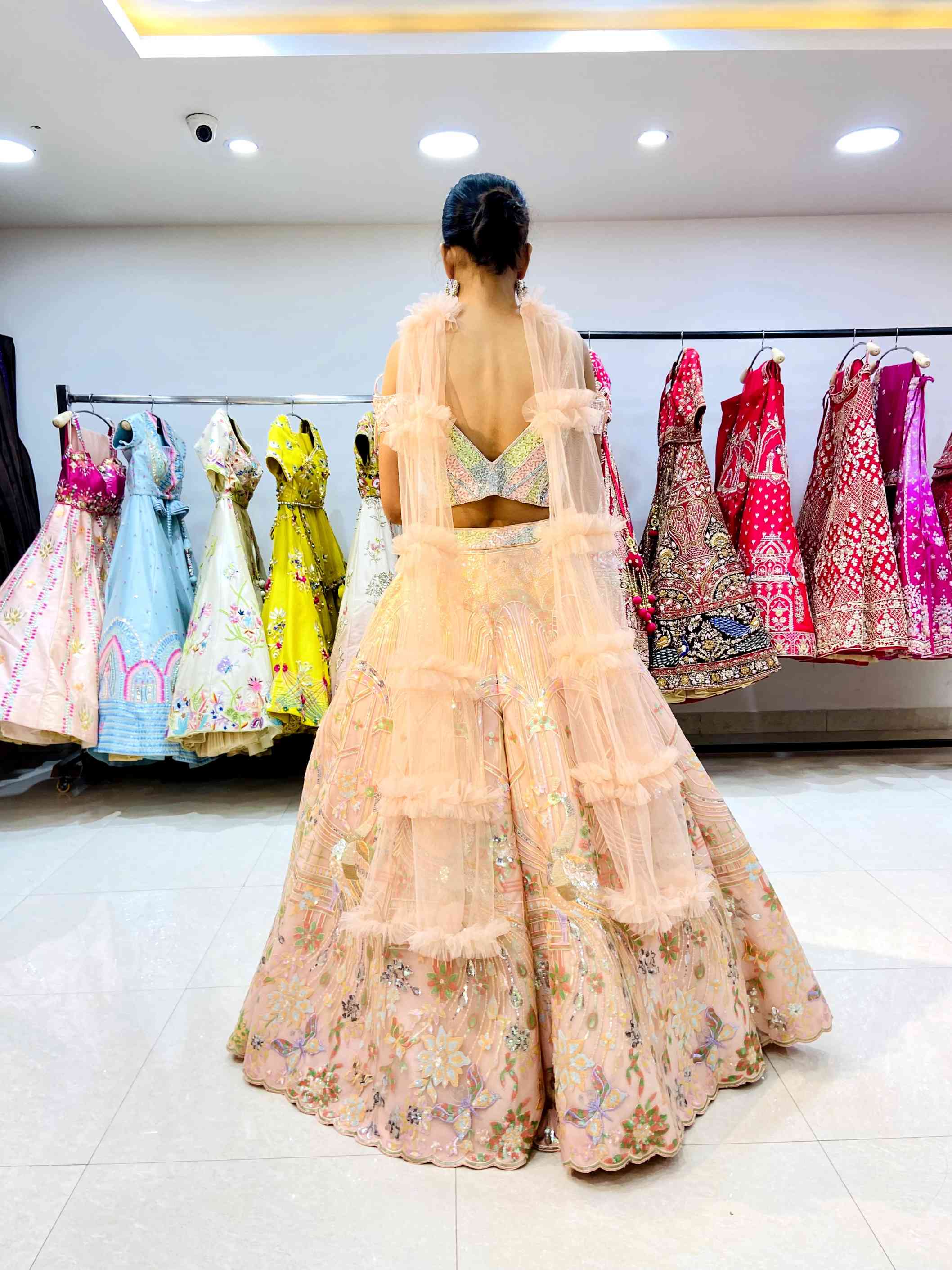 Baby Pink Net Sequinned Designer Lehenga - Daabu Jaipur