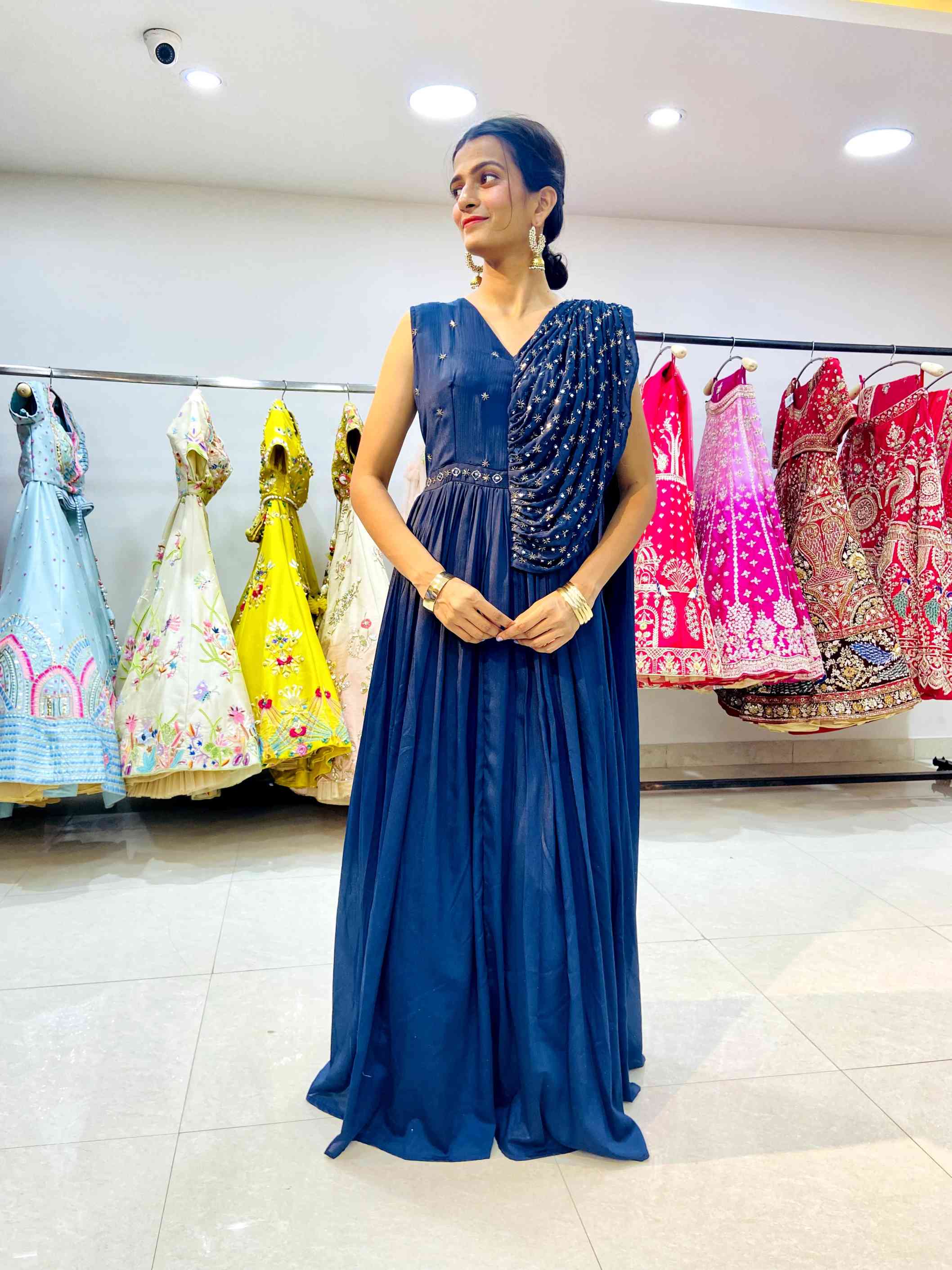 Navy Blue Georgette Gown - Daabu Jaipur