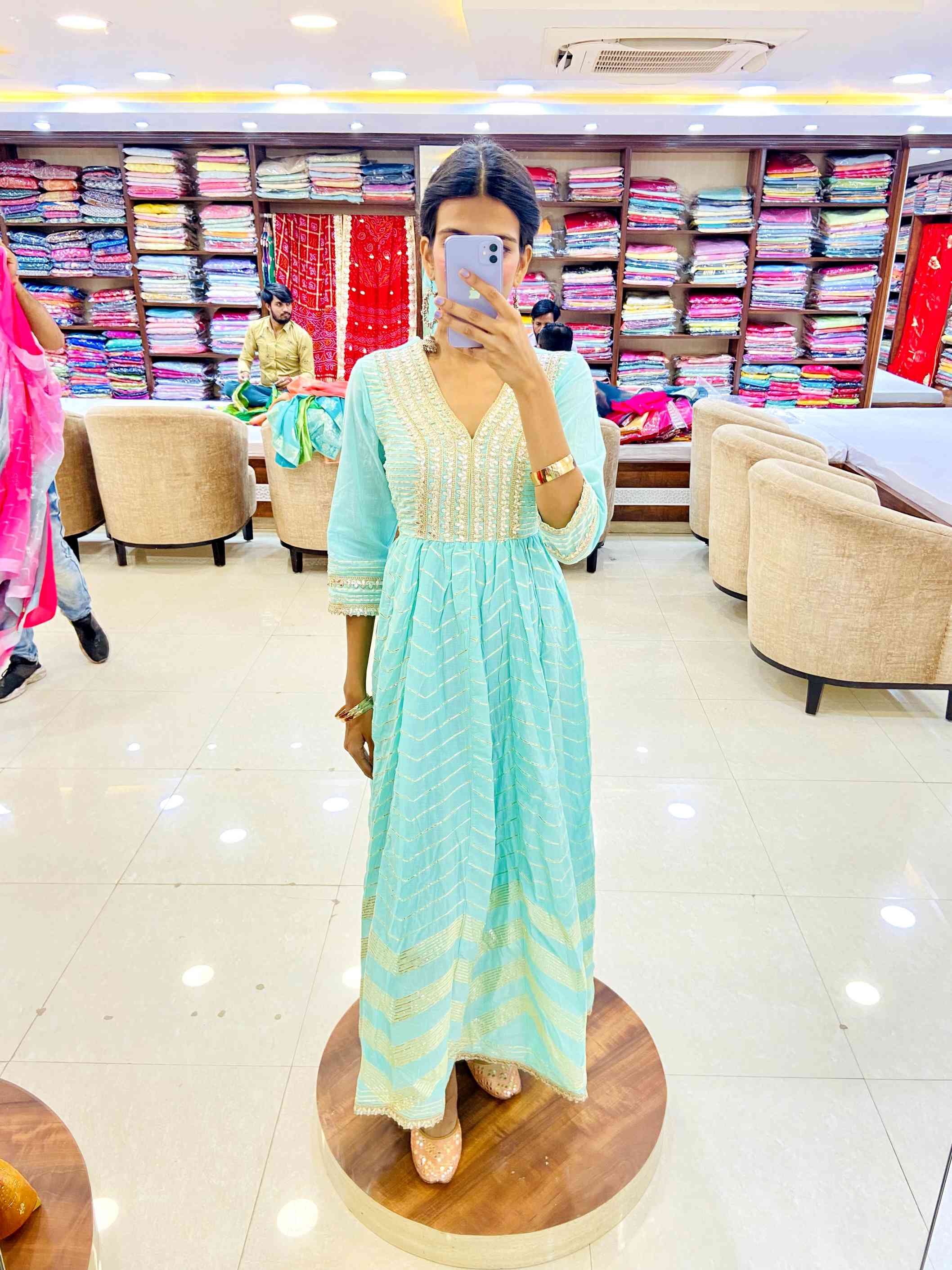 Sea Green Chanderi Anarkali - Daabu Jaipur