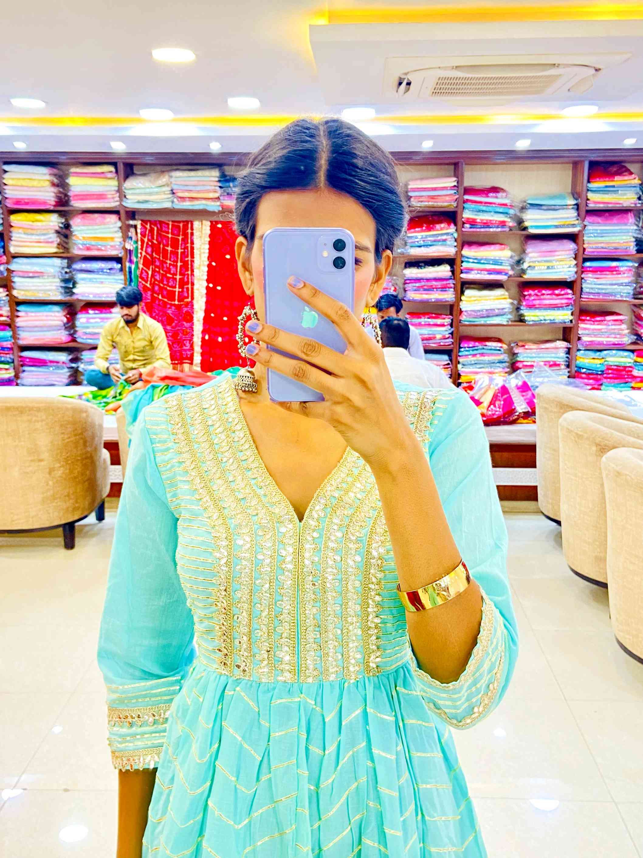 Sea Green Chanderi Anarkali - Daabu Jaipur