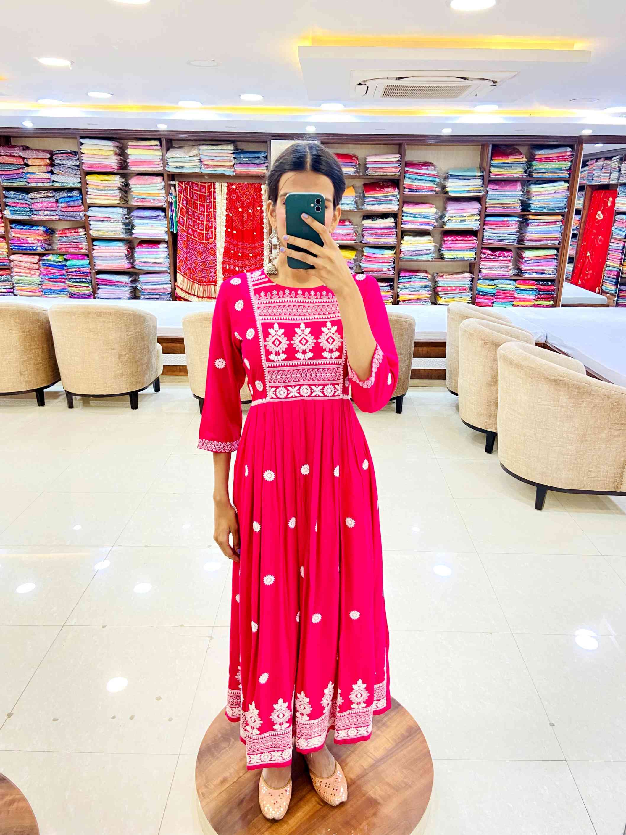 Red Cotton Embroidered Anarkali - Daabu Jaipur