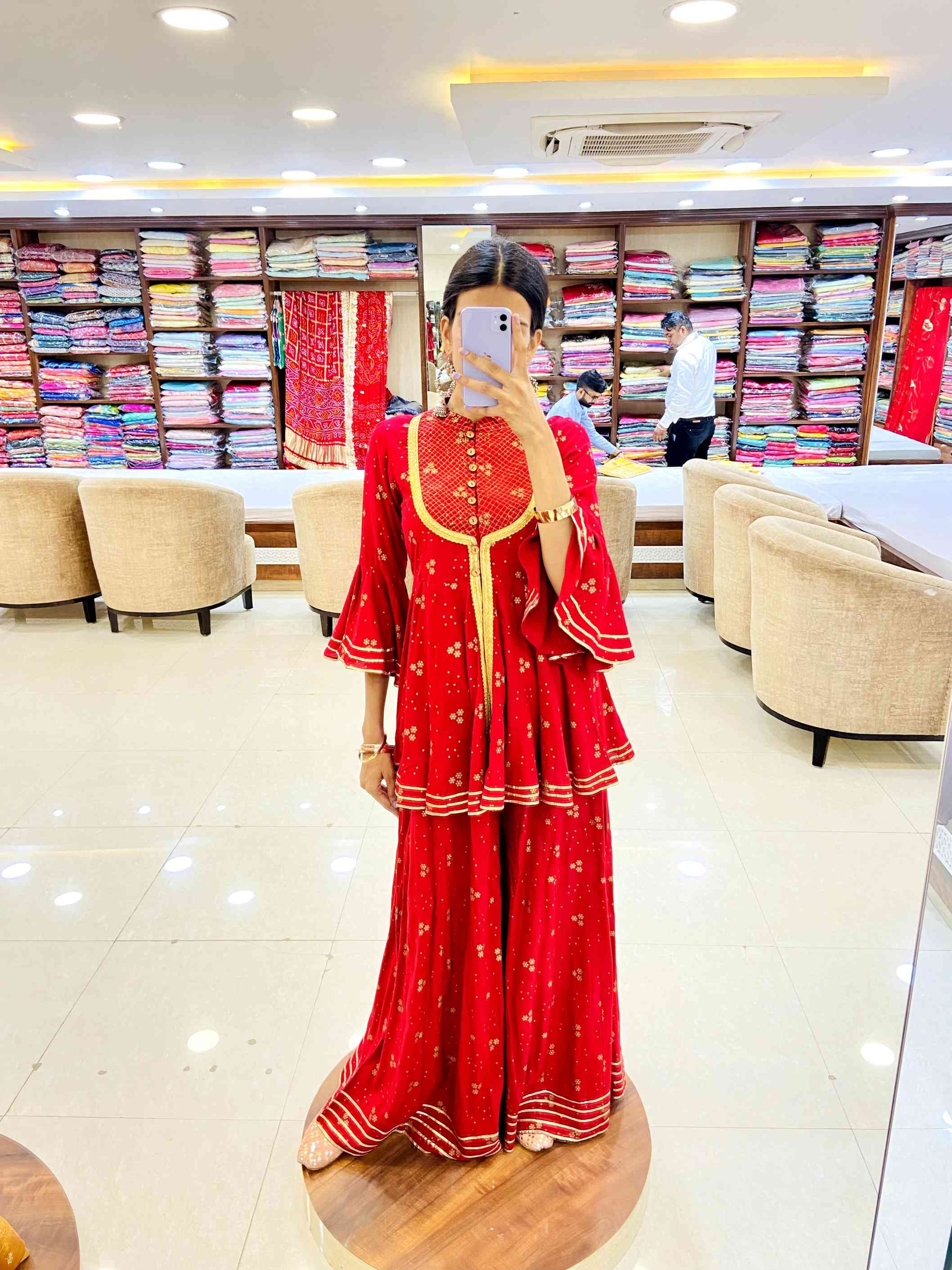 Red Georgette Sharara Set - Daabu Jaipur