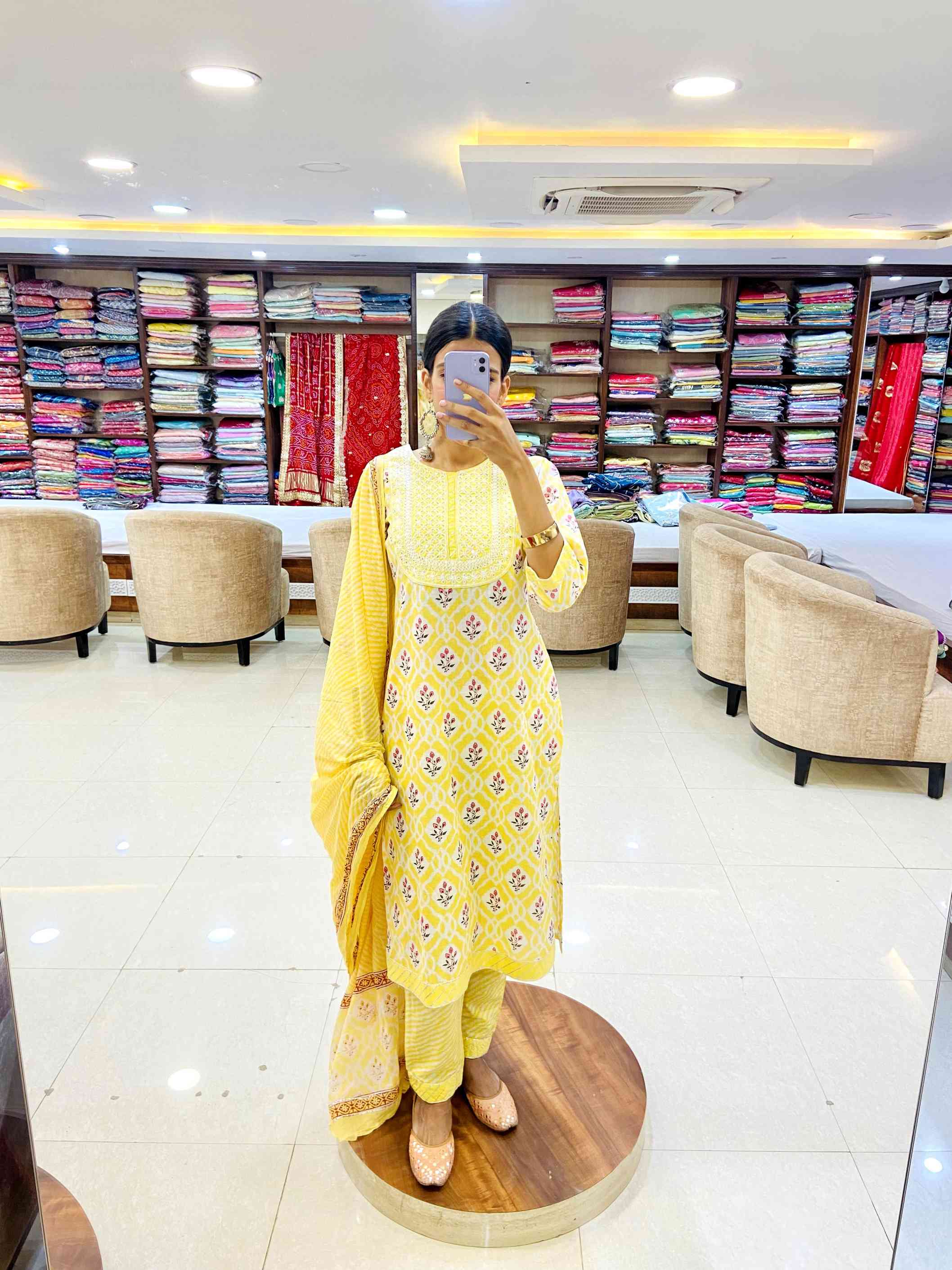 Yellow Floral Cotton Suit Set - Daabu Jaipur