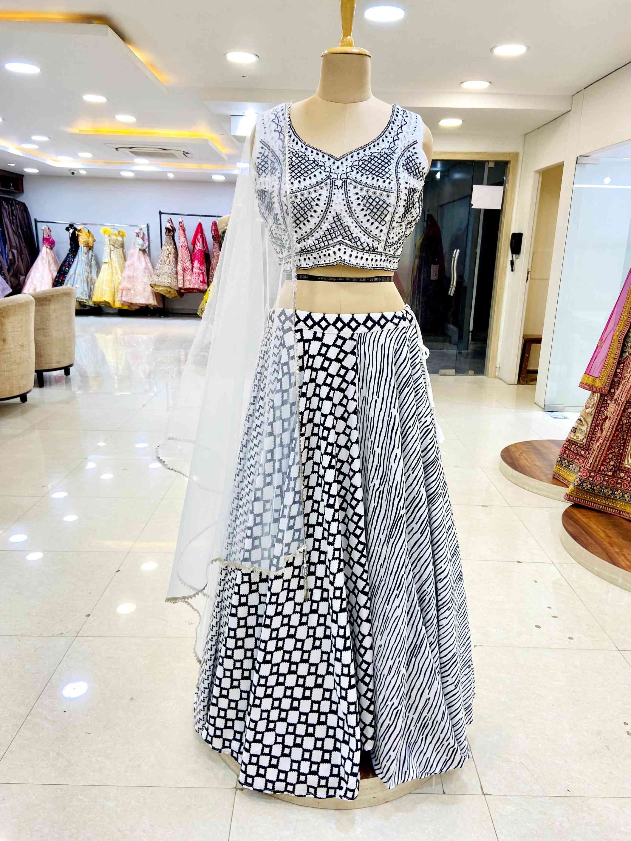 Printed White Silk Lehenga - Daabu Jaipur