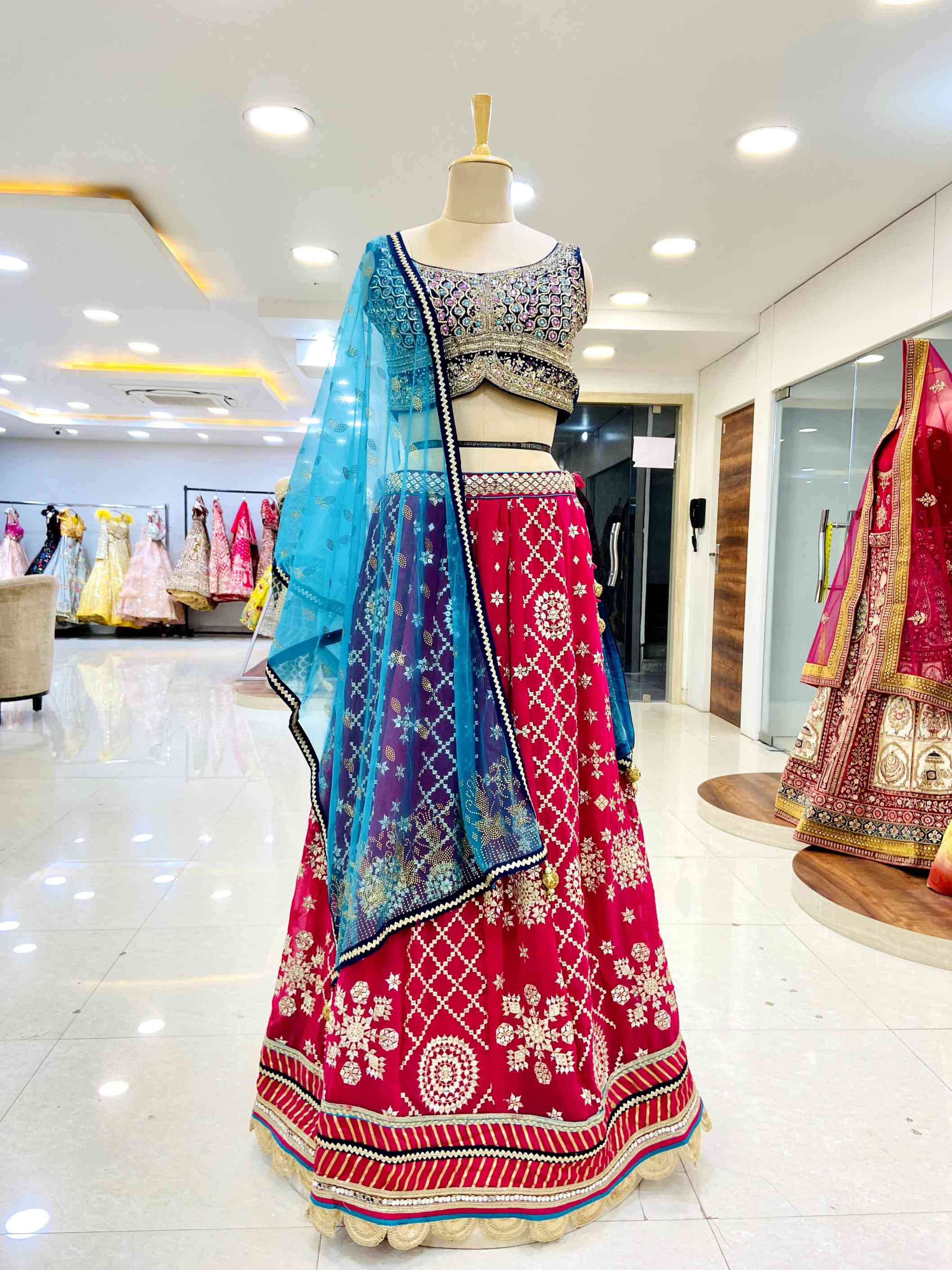 Red Banarasee Georgette Lehenga - Daabu Jaipur