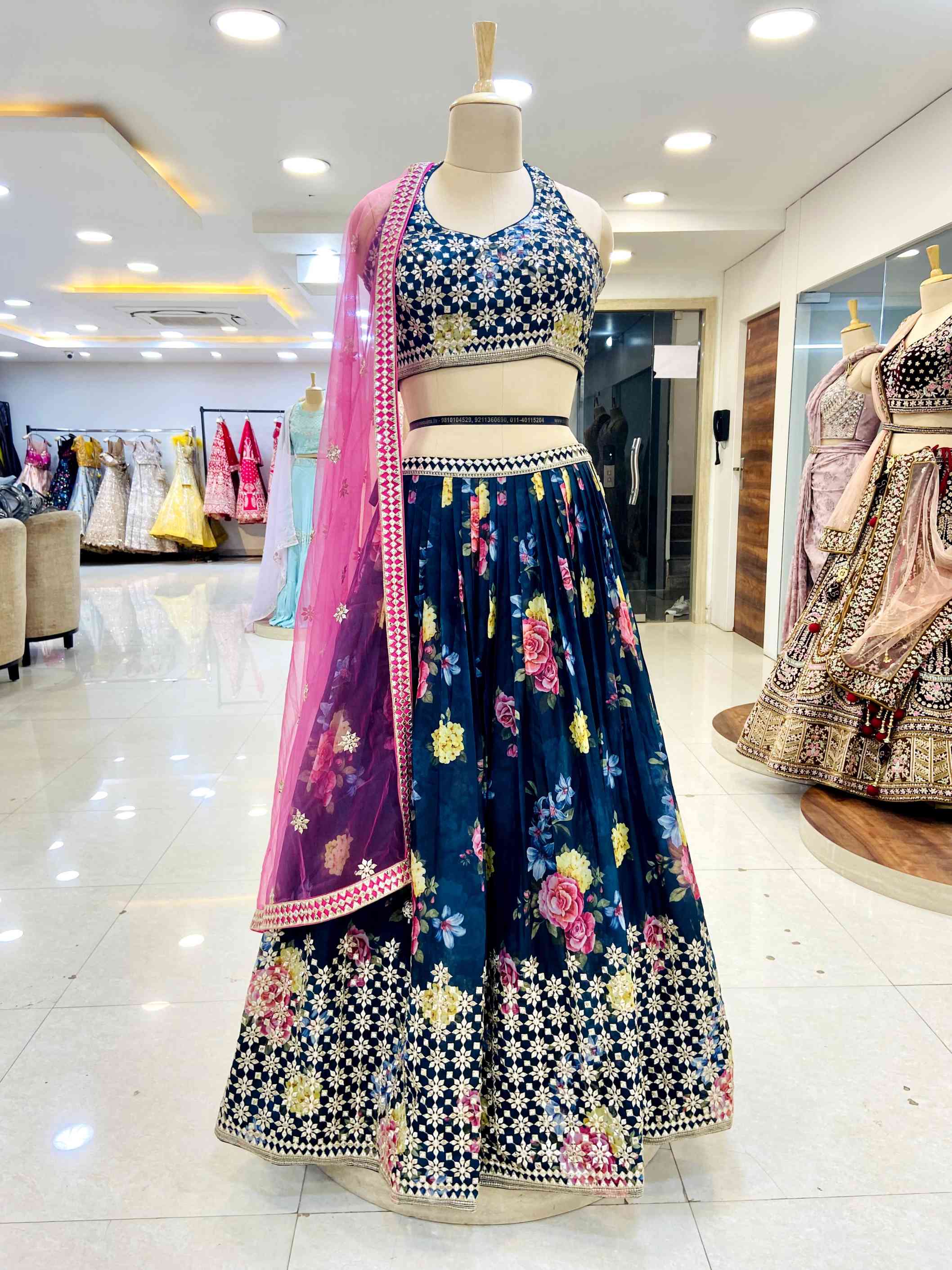 Navy Blue Georgette Lehenga Set - Daabu Jaipur