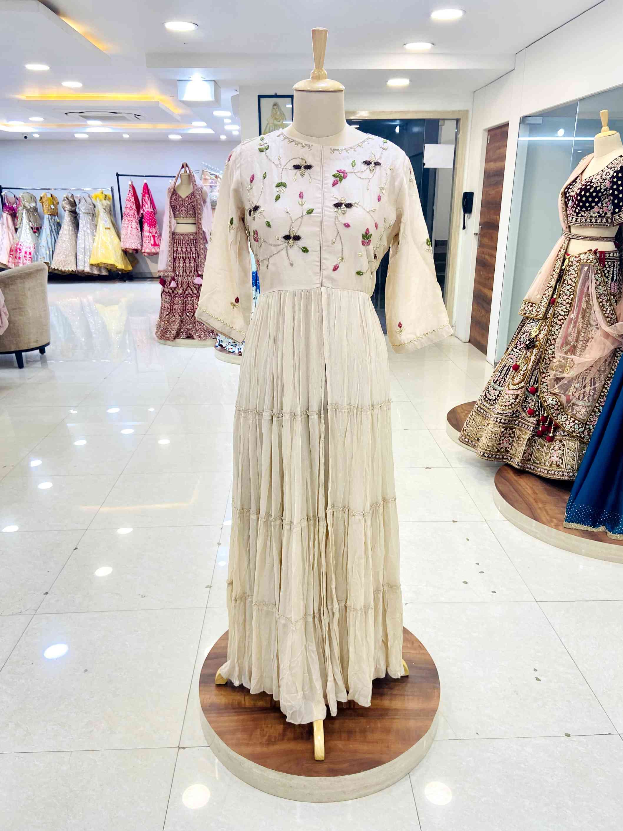 Beige Chinon Designer Gown - Daabu Jaipur