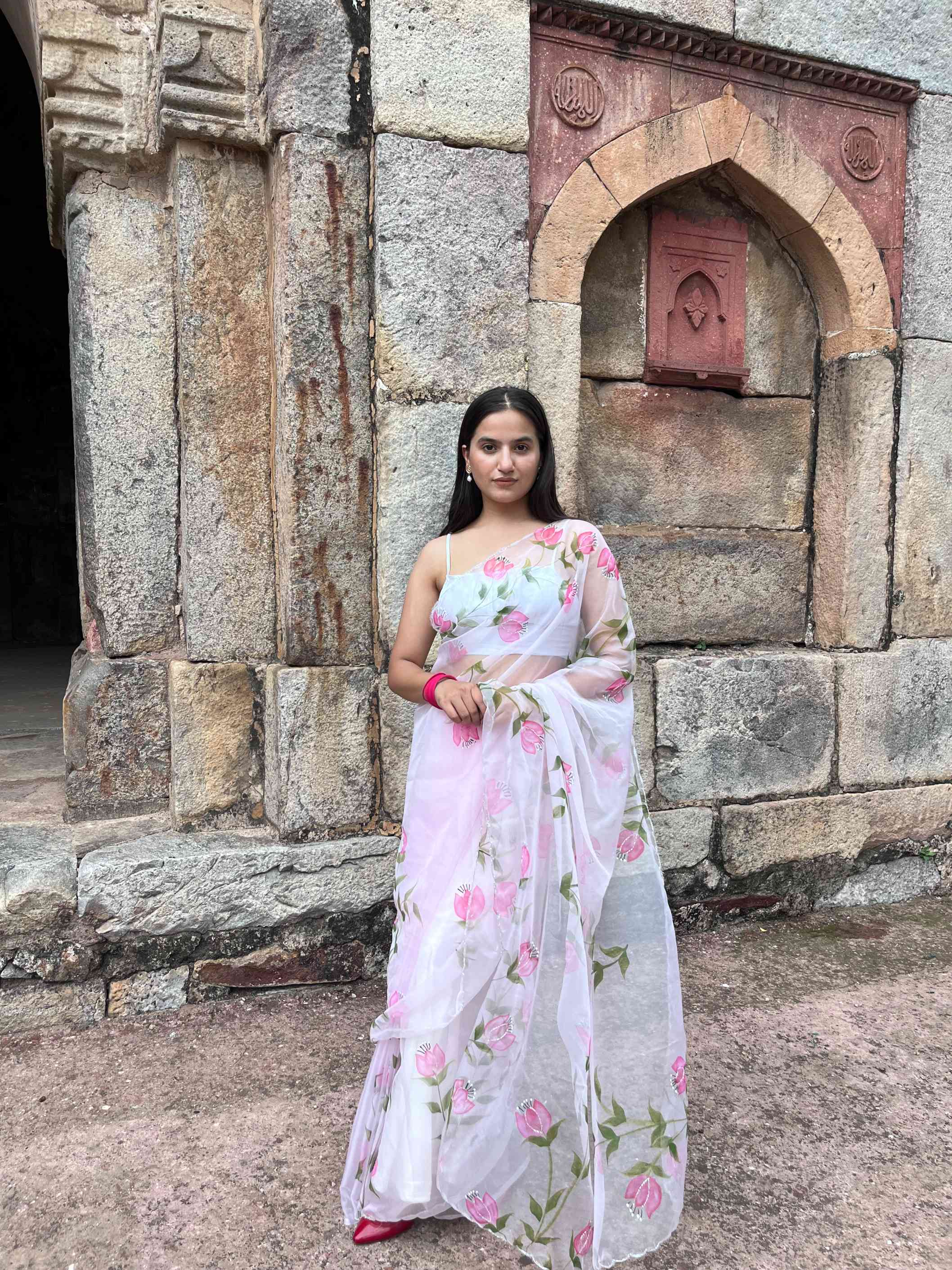 Light Pink Hand Painted Organza Saree - Daabu Jaipur