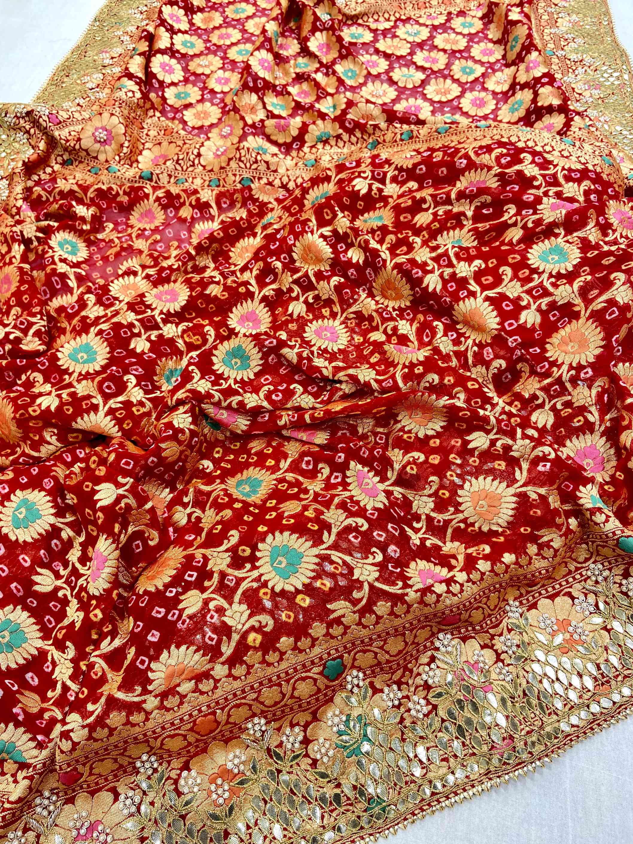 Red Jamnagar Bandhej Saree