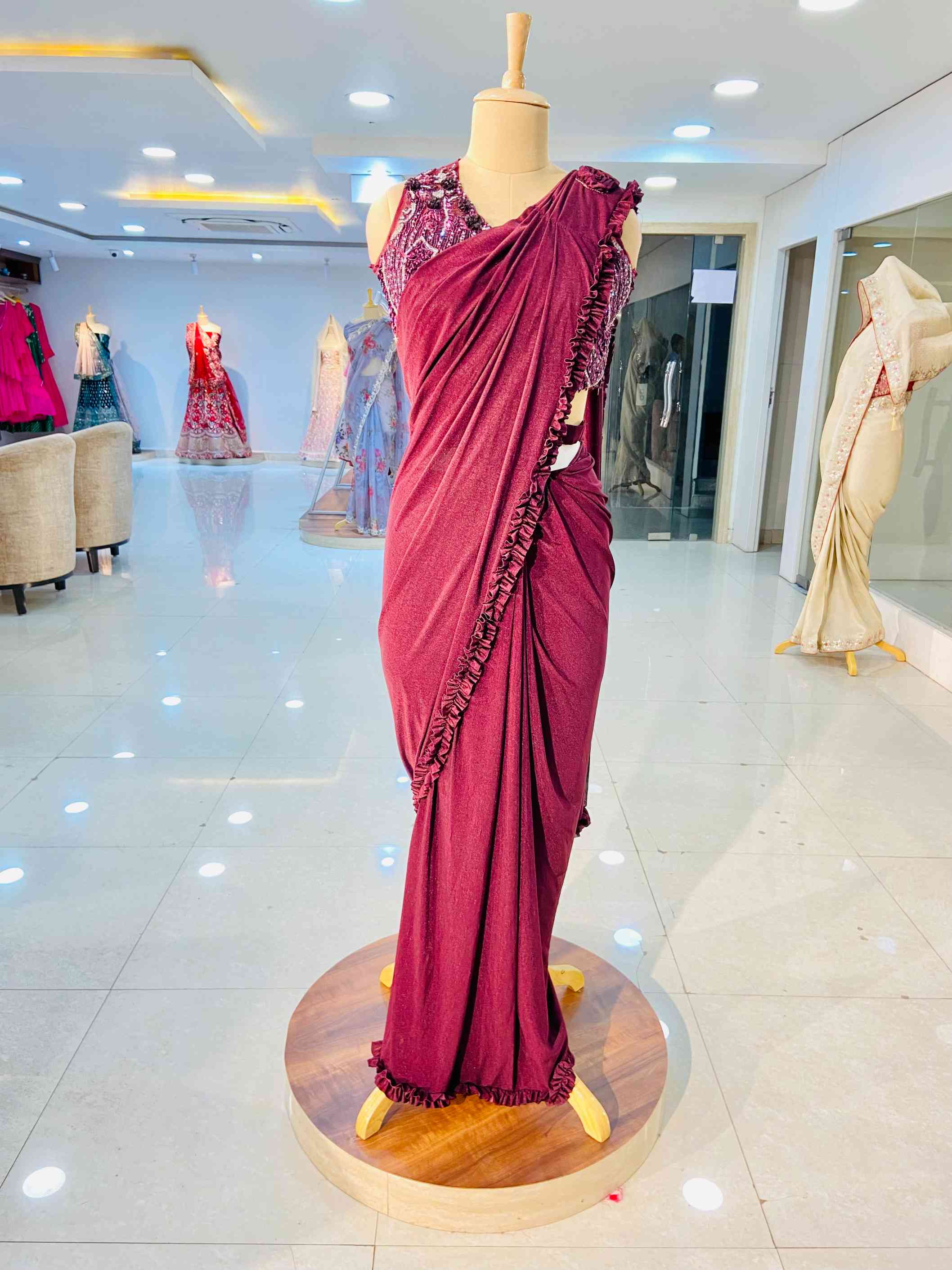 Wine Coloured Pre Draped Saree With Blouse - Daabu Jaipur