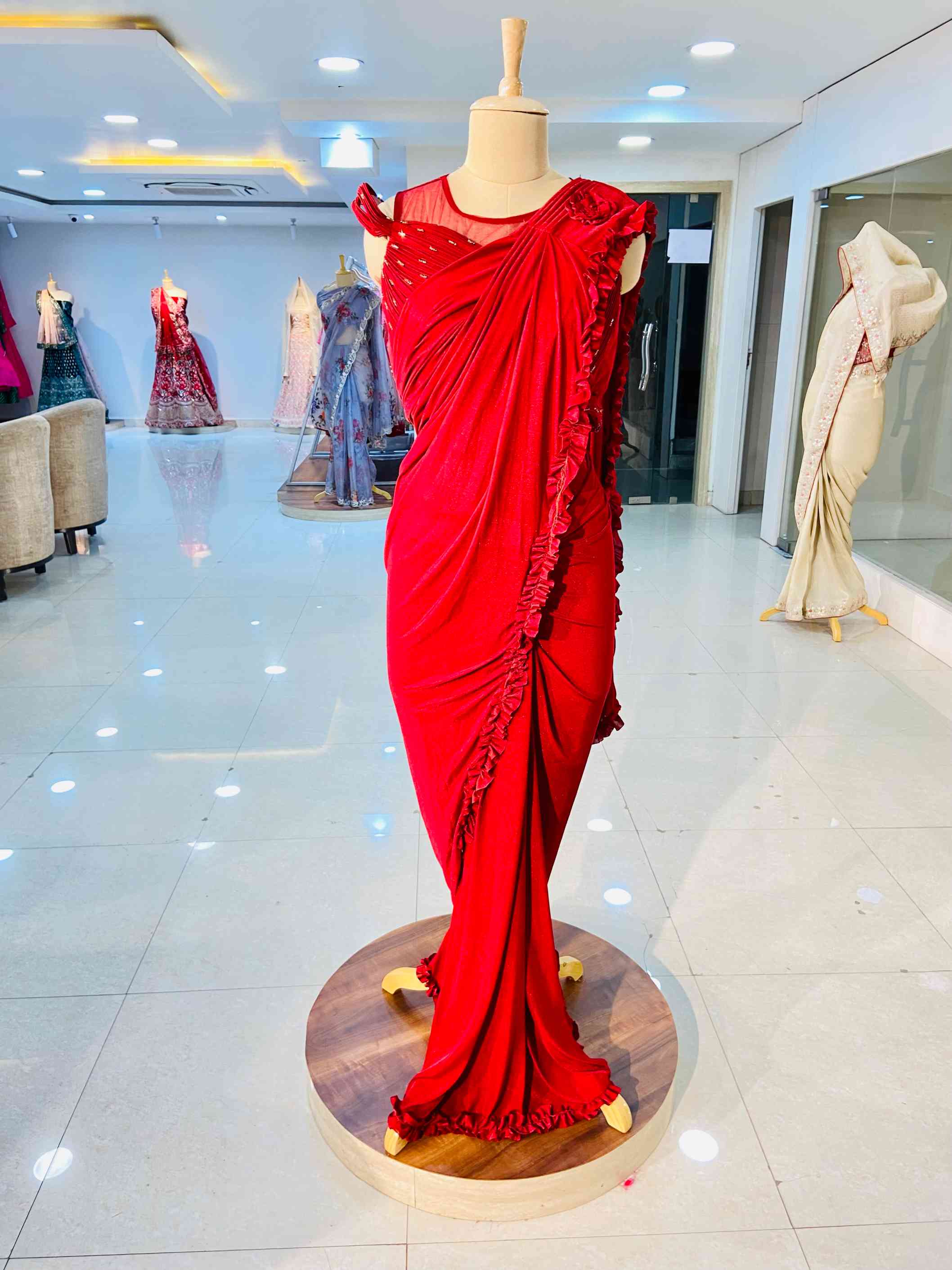 Red Pre Draped Saree - Daabu Jaipur