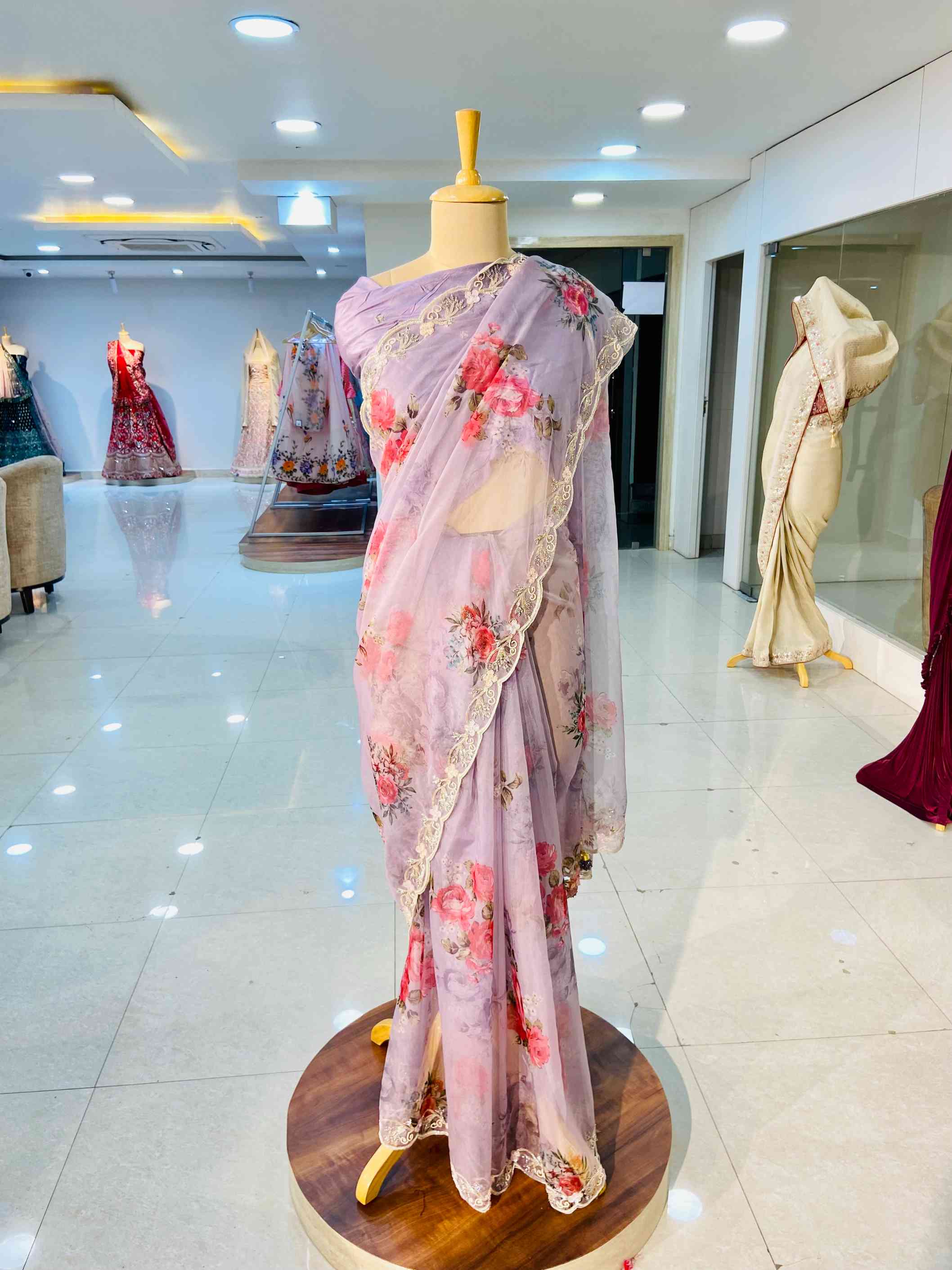 Floral Print Organza Saree - Daabu Jaipur