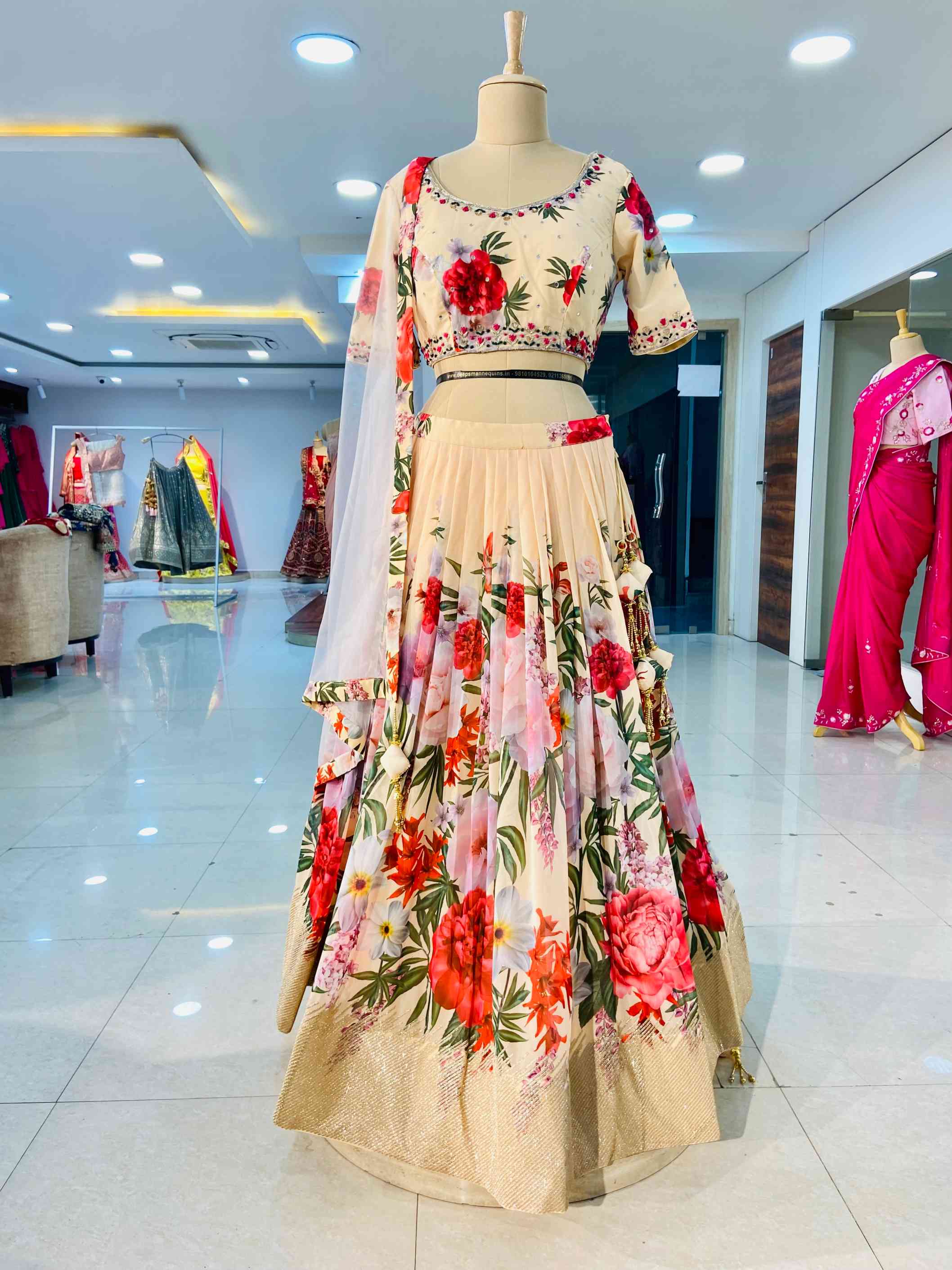 Beige Floral Print Georgette Lehenga - Daabu Jaipur