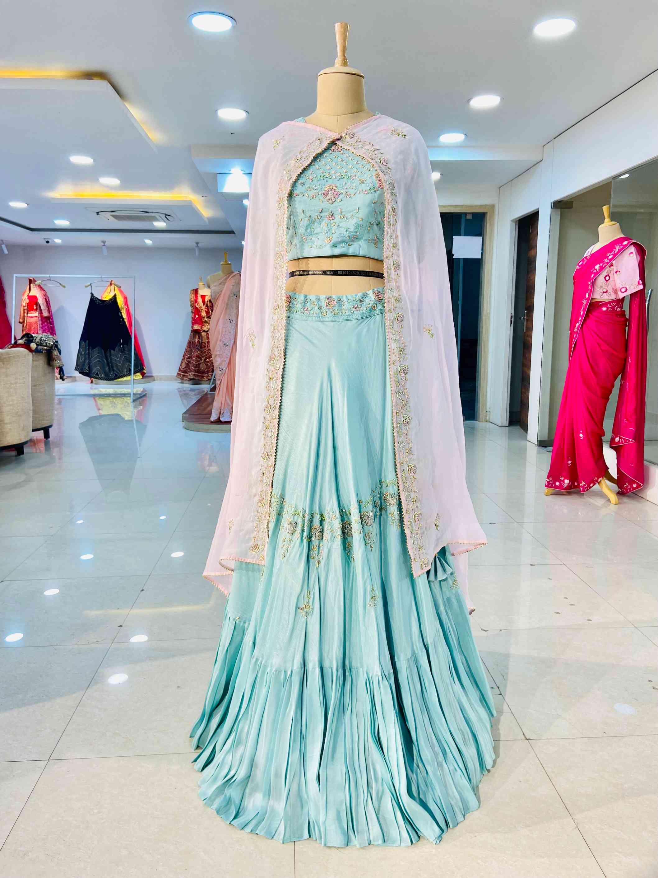 Aqua Green Silk Lehenga Set - Daabu Jaipur