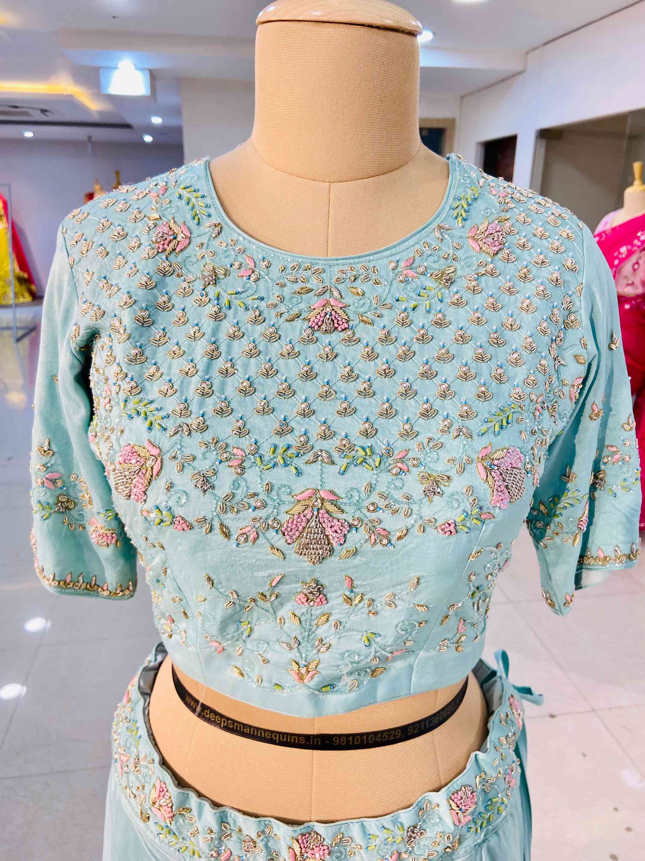 Aqua Green Silk Lehenga Set - Daabu Jaipur