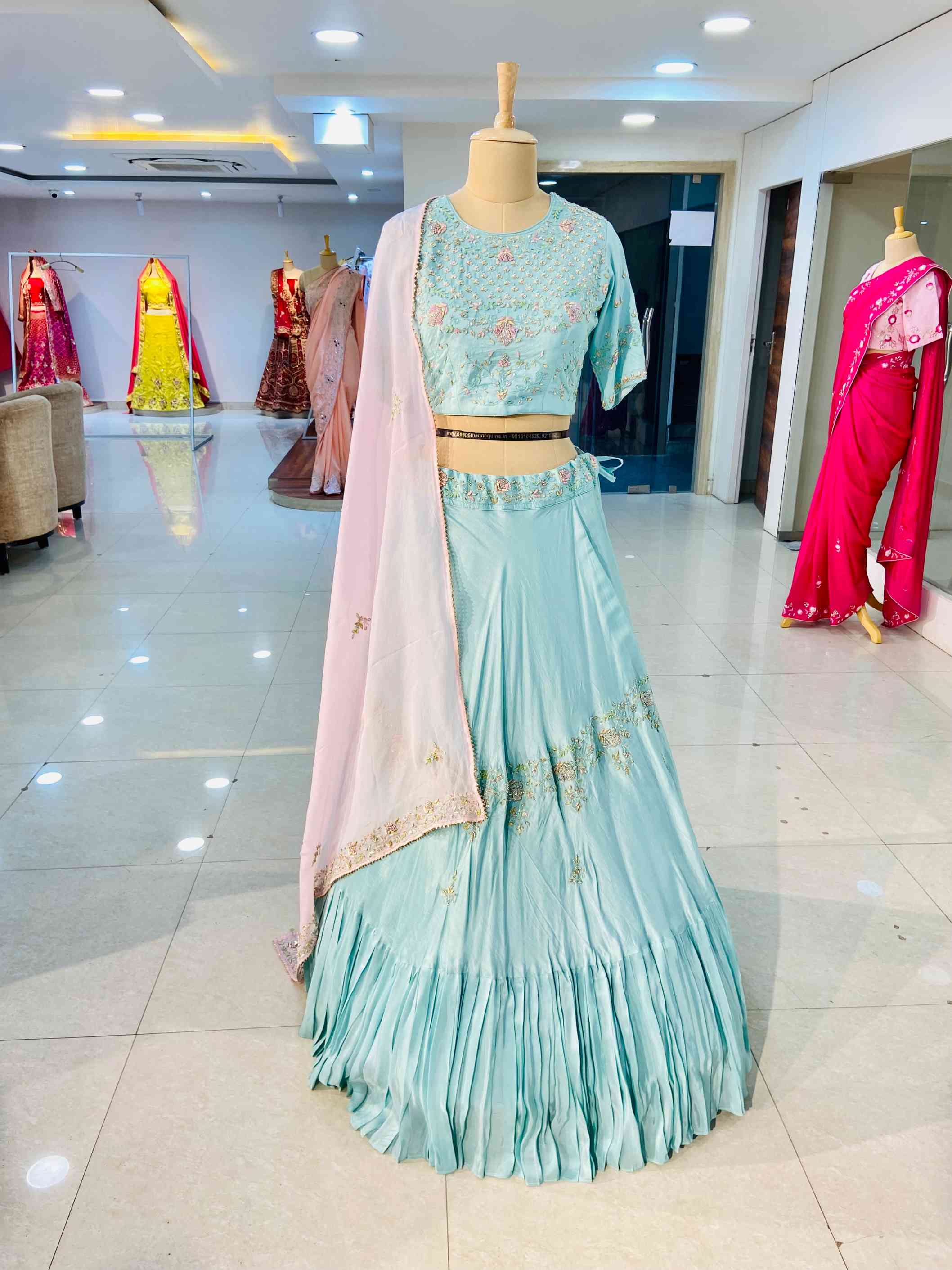 Aqua Green Silk Lehenga Set - Daabu Jaipur