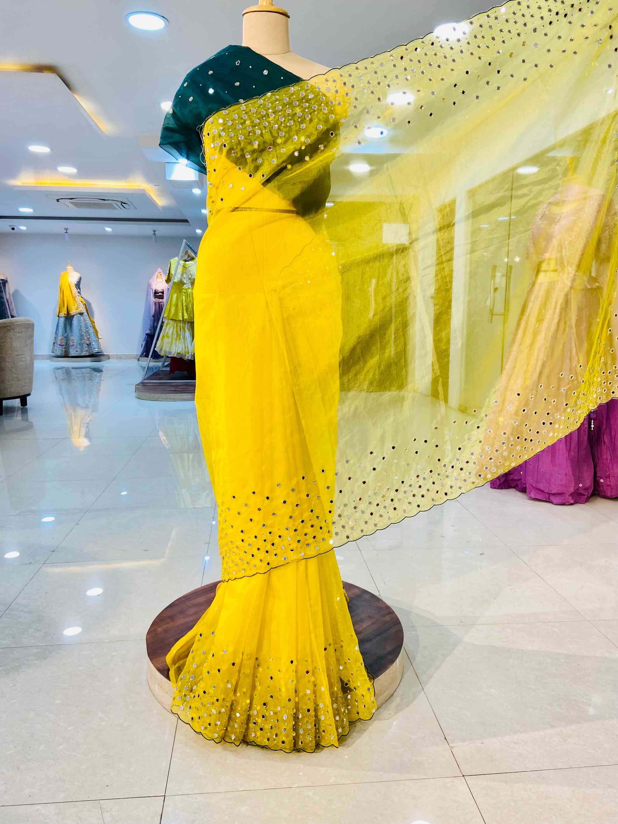 Mustard Organza Mirror Work Saree - Daabu Jaipur