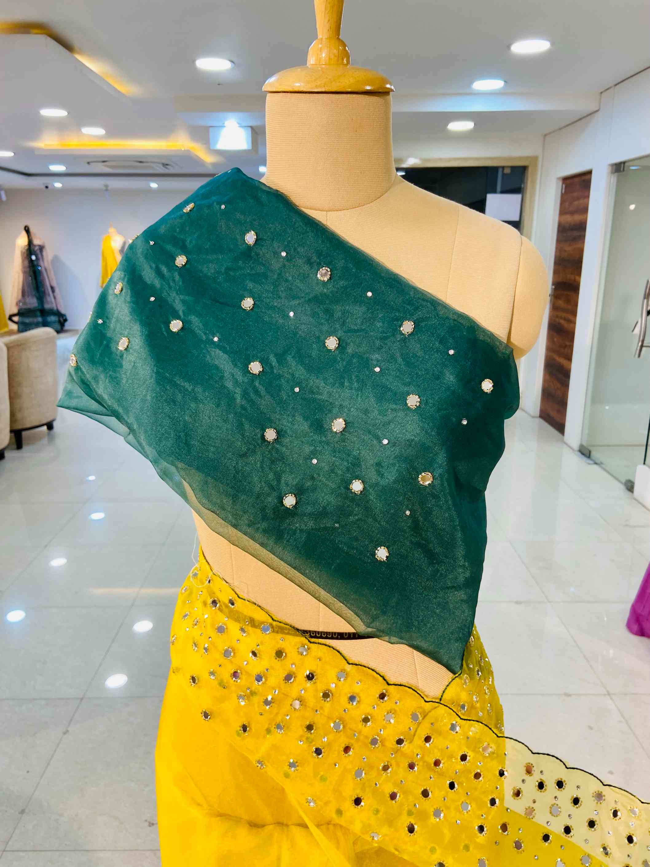 Mustard Organza Mirror Work Saree - Daabu Jaipur