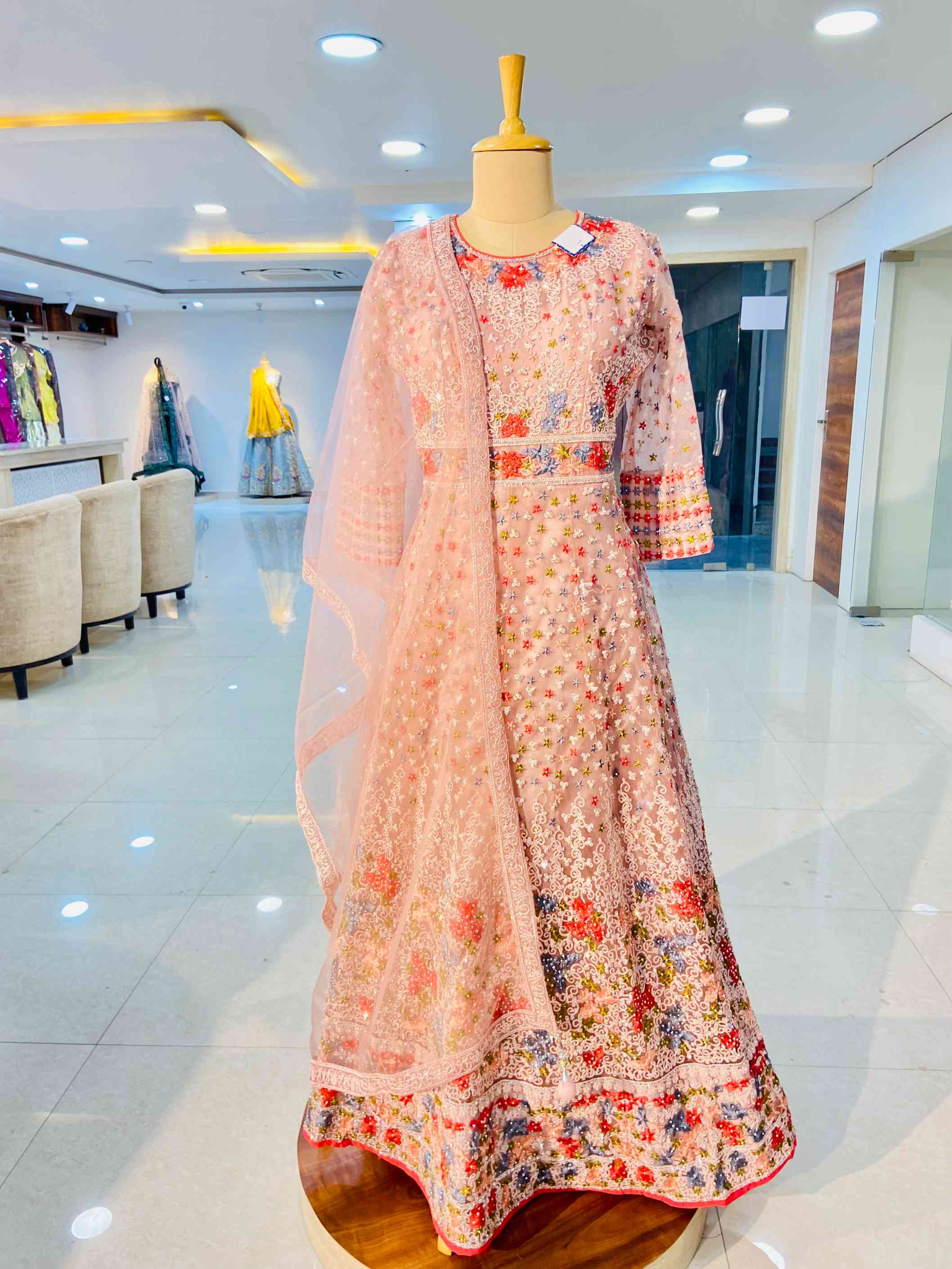 Baby Pink Net Designer Gown - Daabu Jaipur