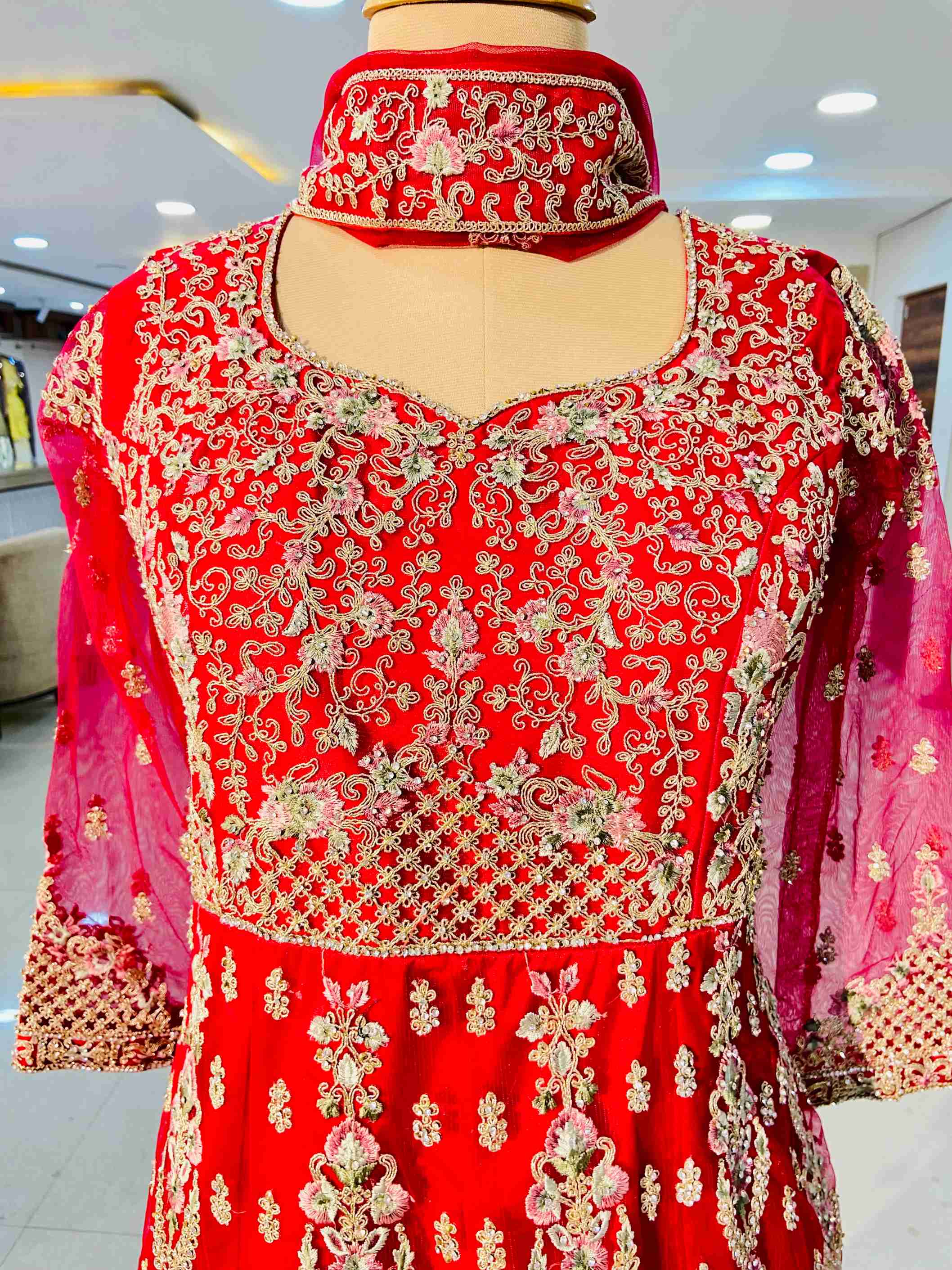 Dark Red Net Designer Gown - Daabu Jaipur