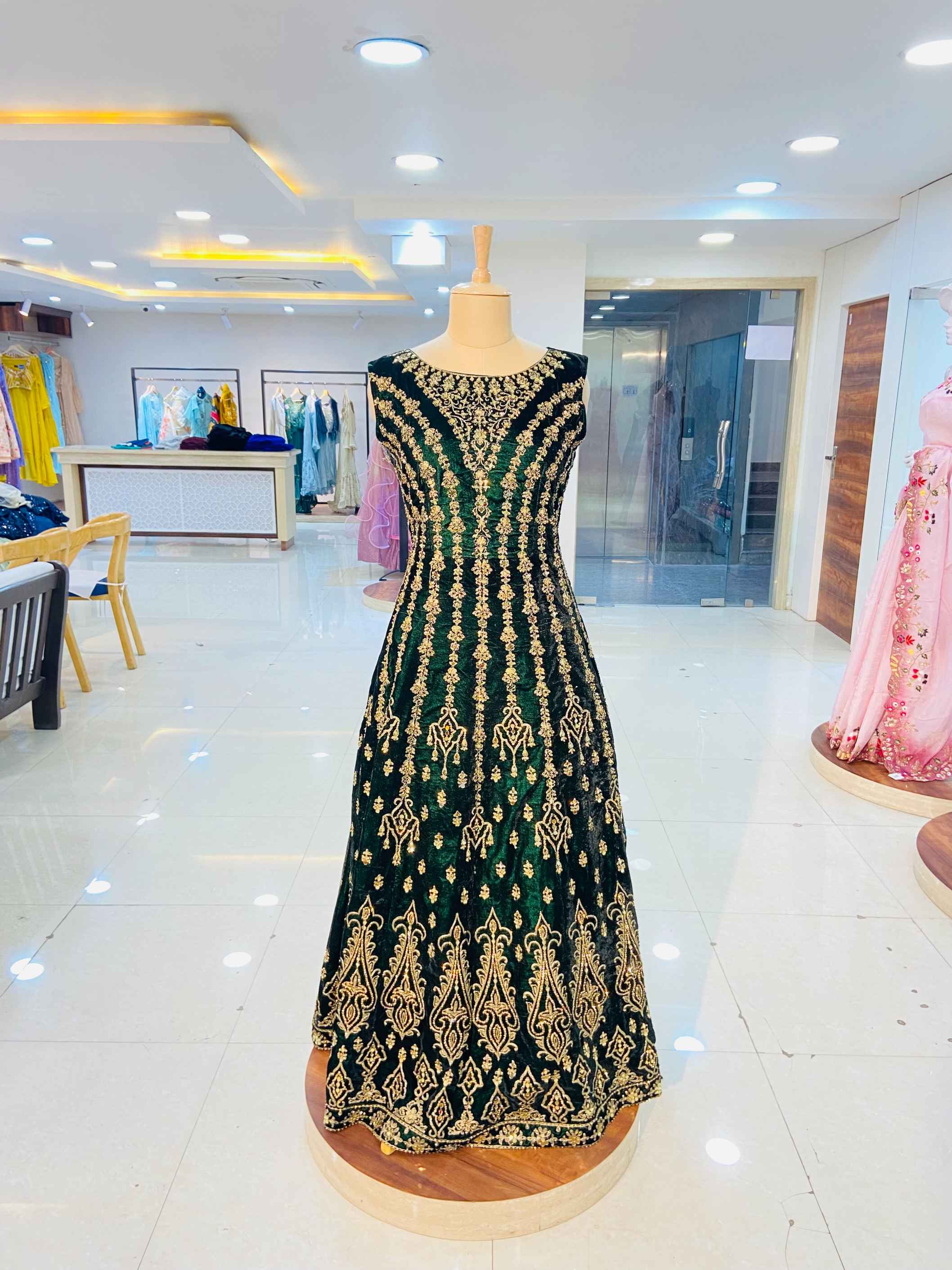 Dark Green Velvet Gown - Daabu Jaipur