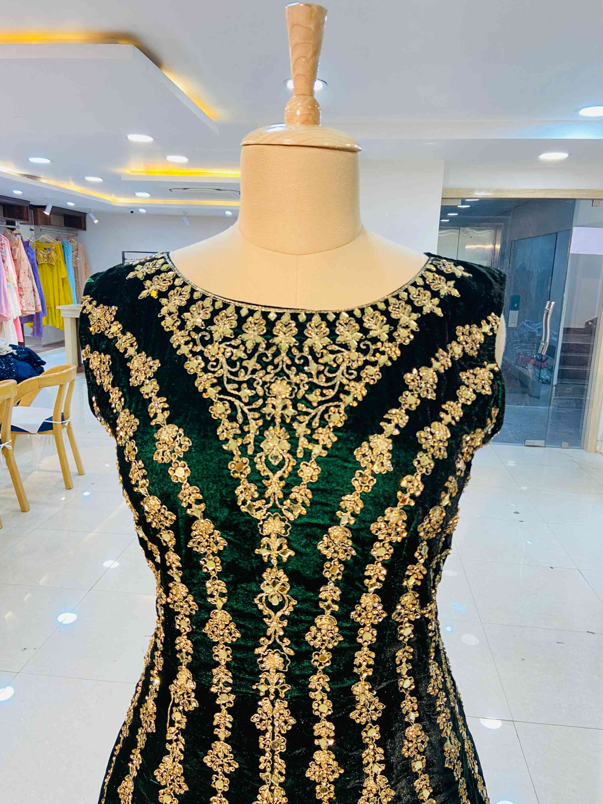 Dark Green Velvet Gown - Daabu Jaipur