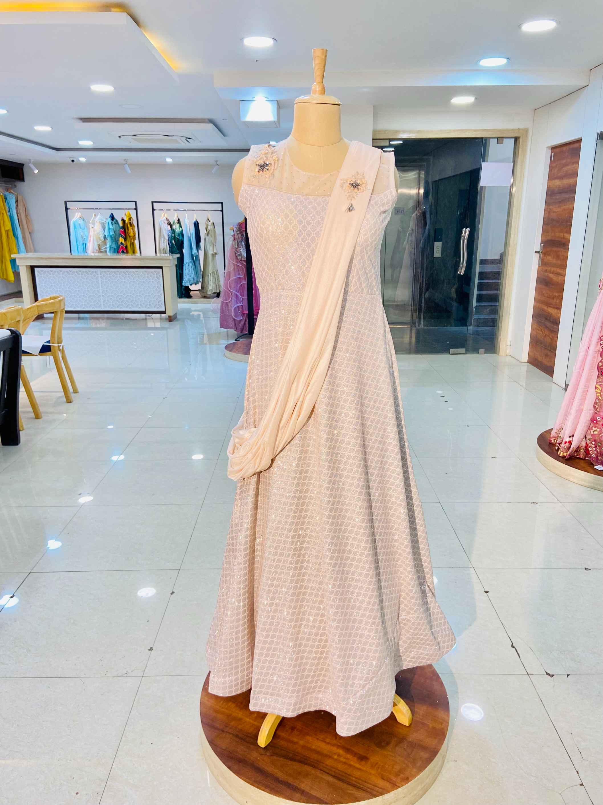 Peach Designer Shimmering Gown - Daabu Jaipur