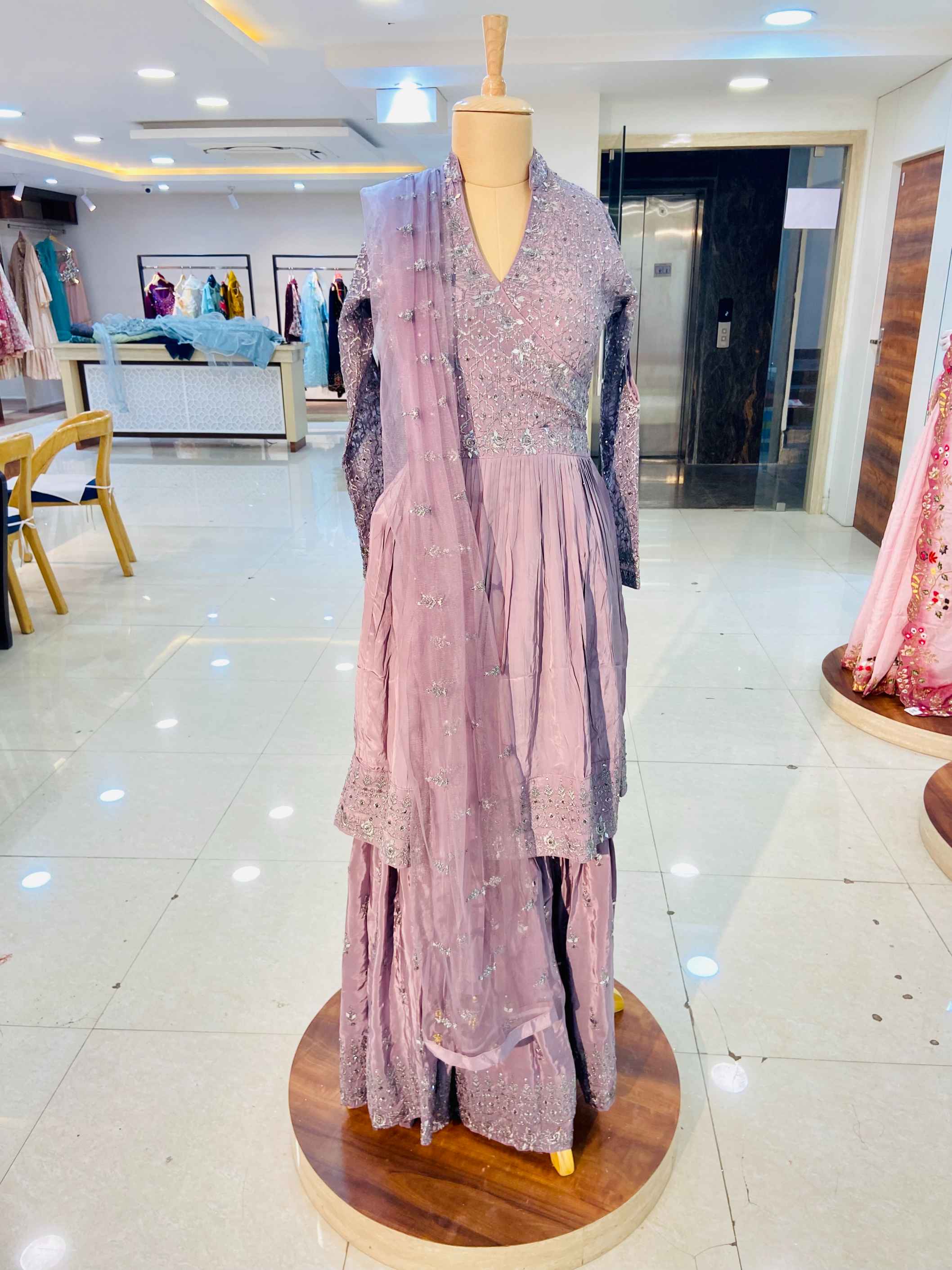 Lilac Crepe Sharara Suit Set - Daabu Jaipur