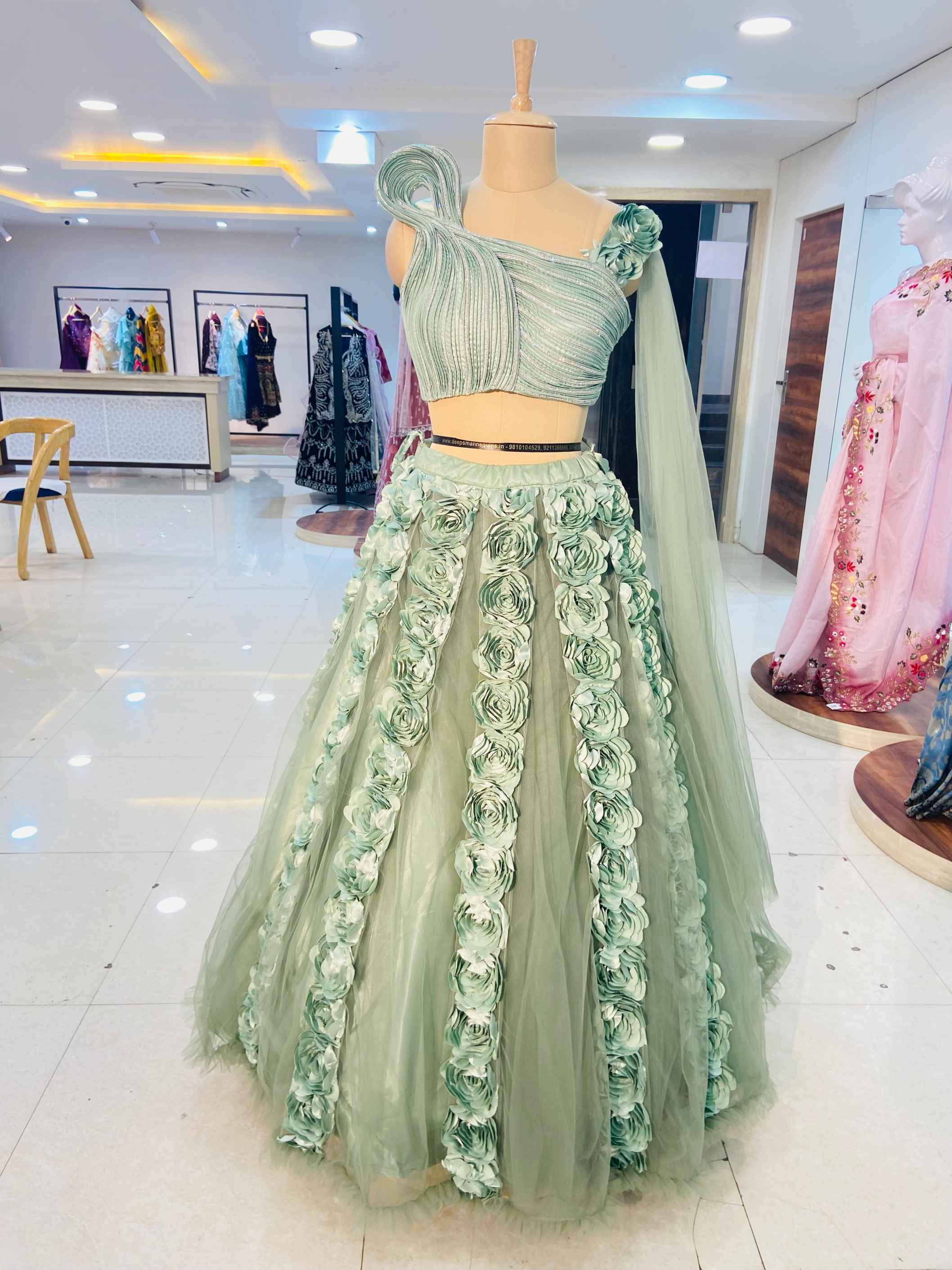 Green Designer Floral Lehenga - Daabu Jaipur