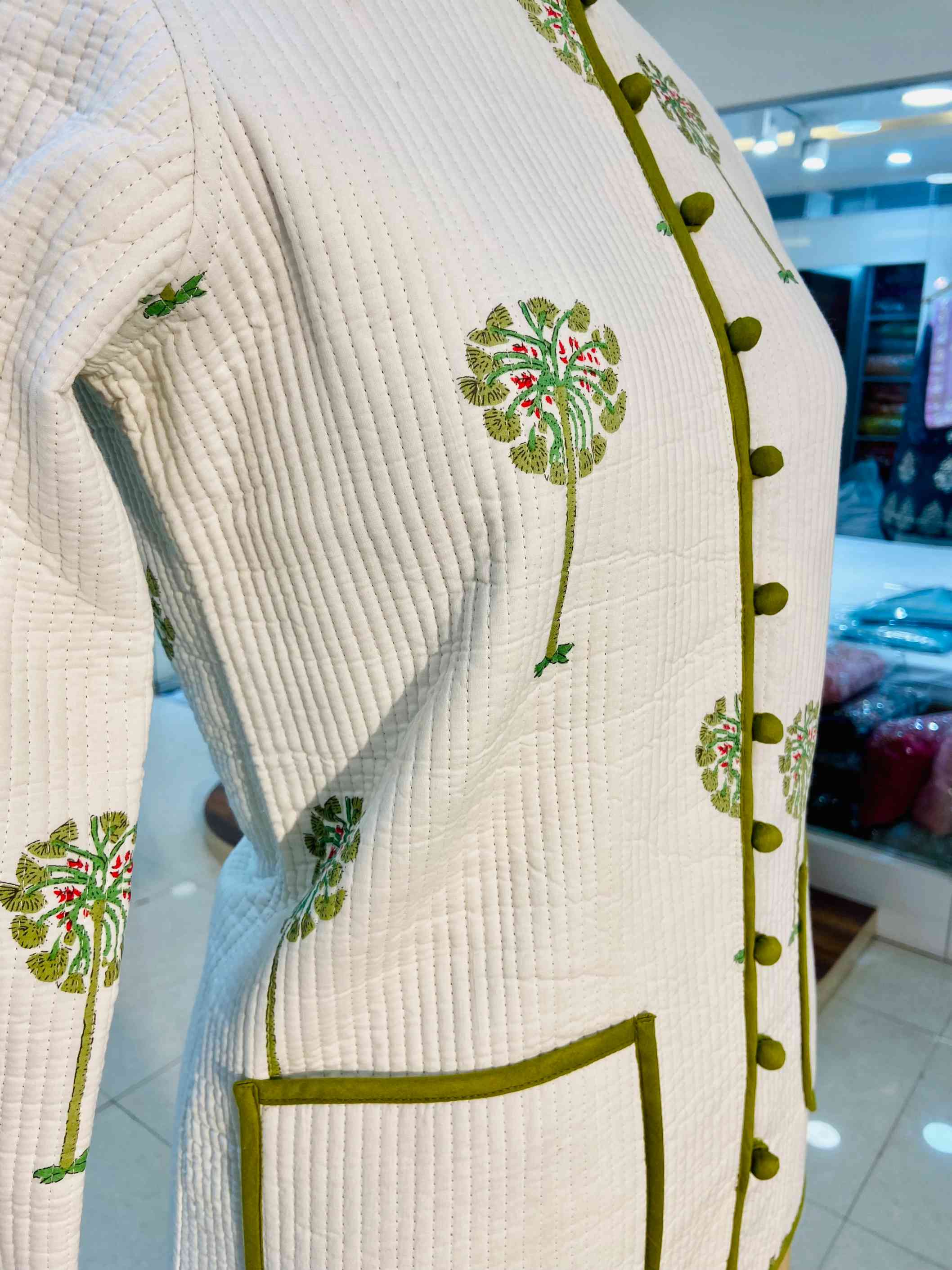 White Printed 100% Cotton Quilted Jacket - Daabu Jaipur