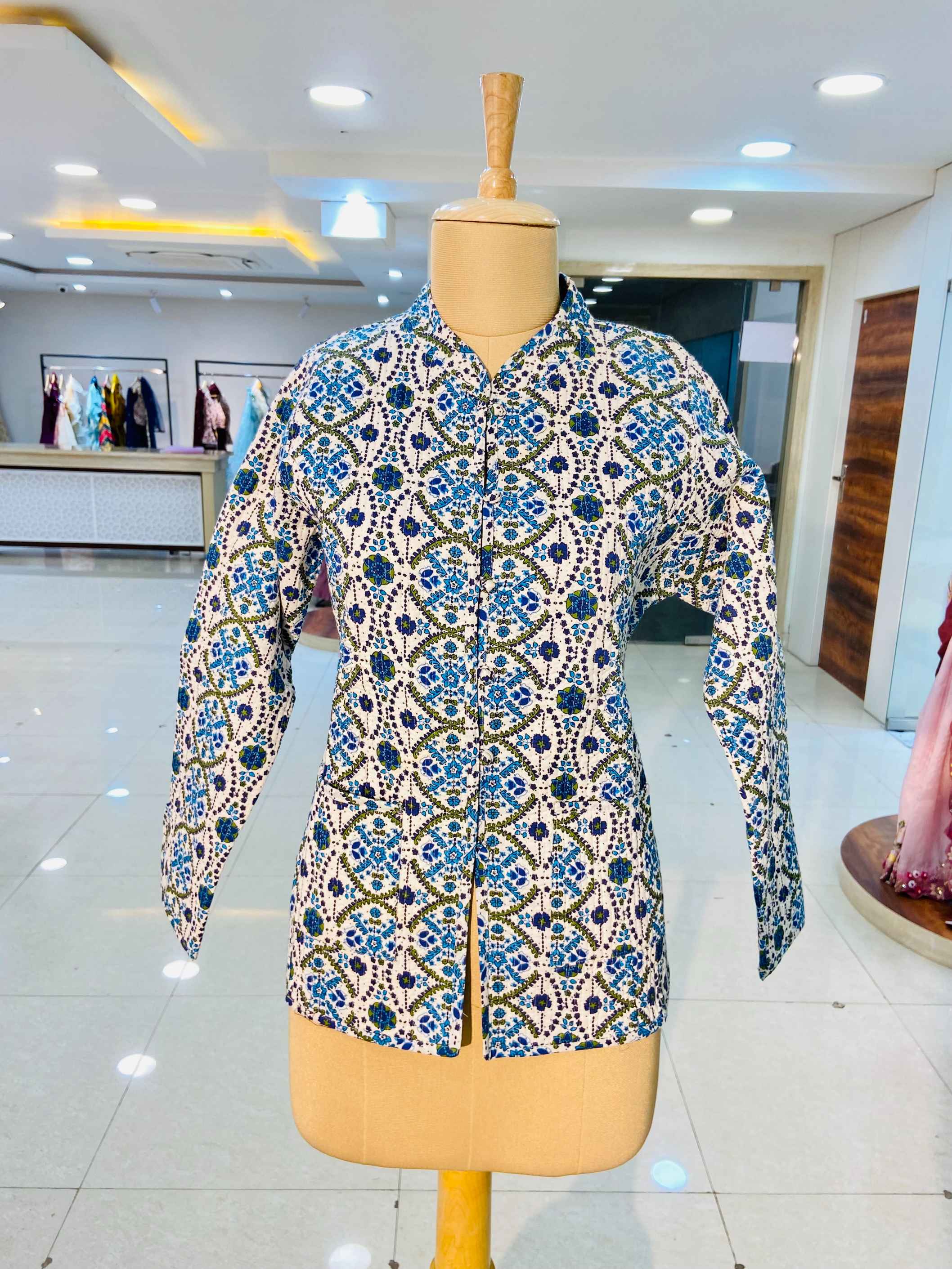 White Printed 100% Cotton Quilted Jacket - Daabu Jaipur