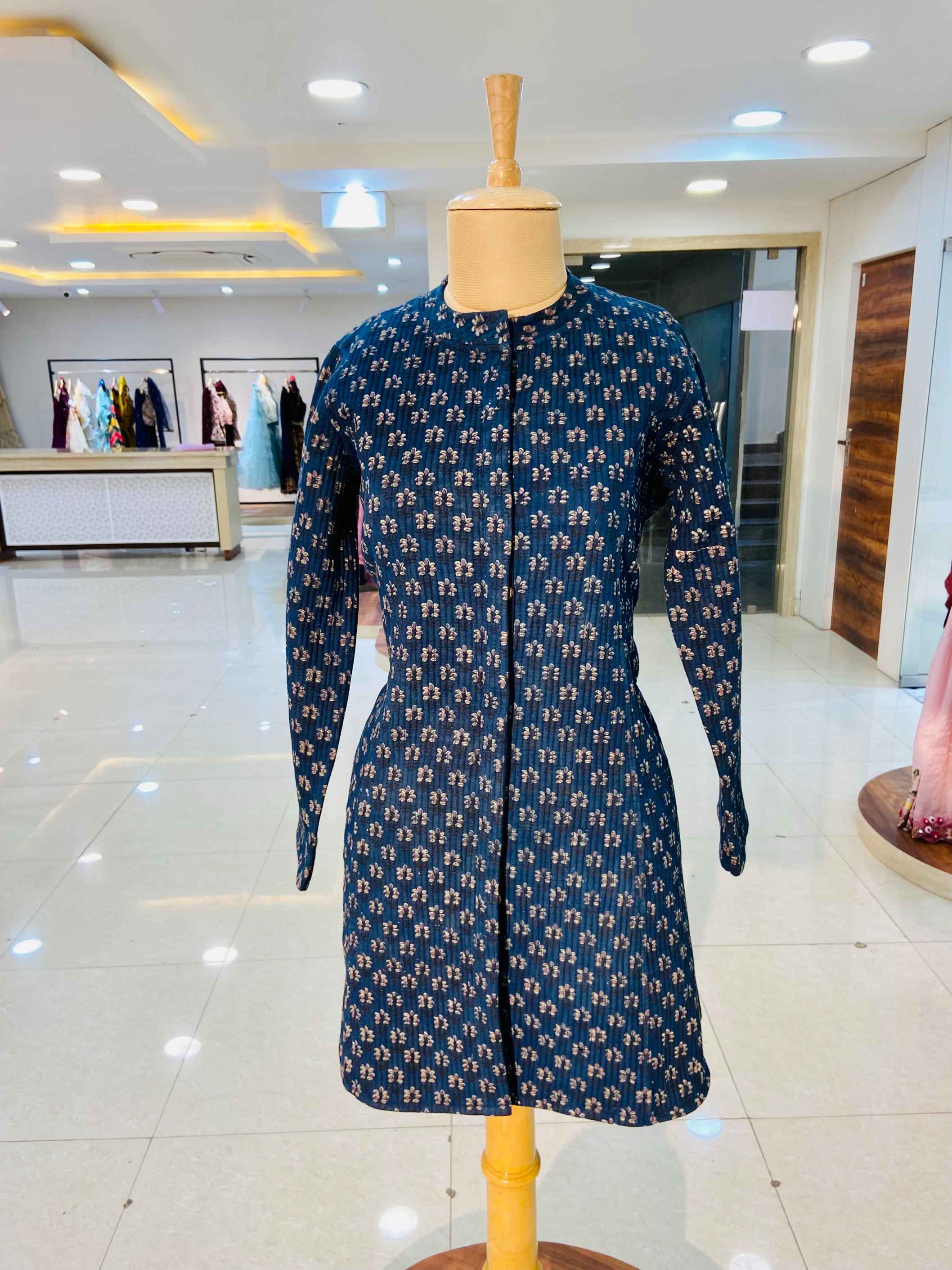 Blue Block Printed Long 100% Cotton Quilted Jacket - Daabu Jaipur