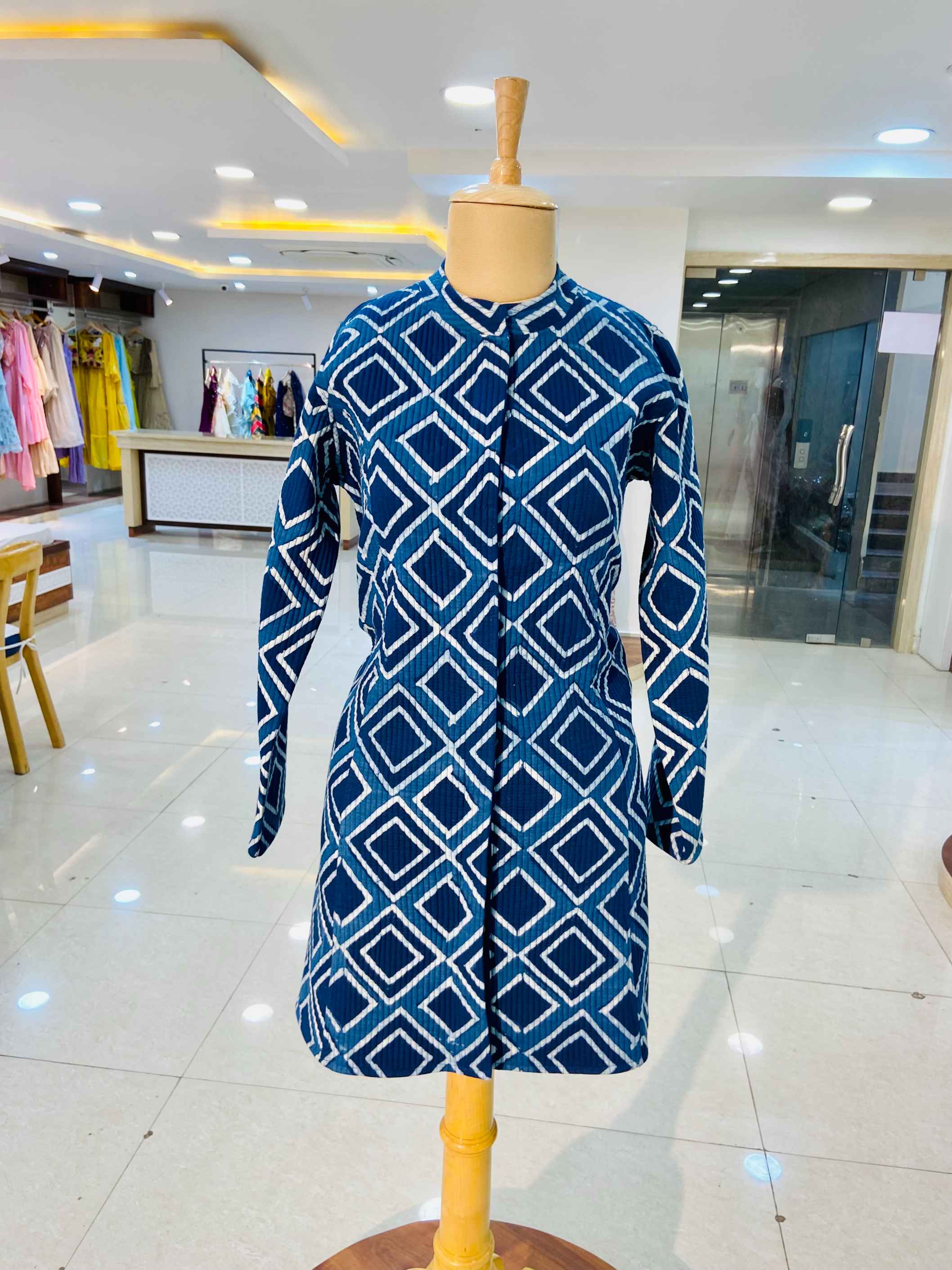 Blue Dabu Printed Long 100% Cotton Quilted Jacket - Daabu Jaipur