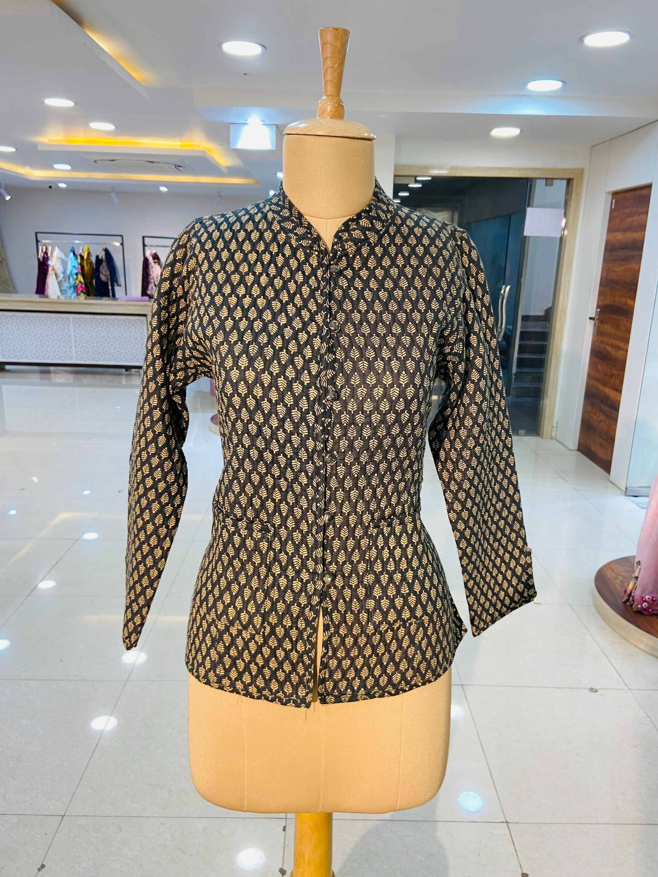 Black Printed 100% Cotton Quilted Jacket - Daabu Jaipur