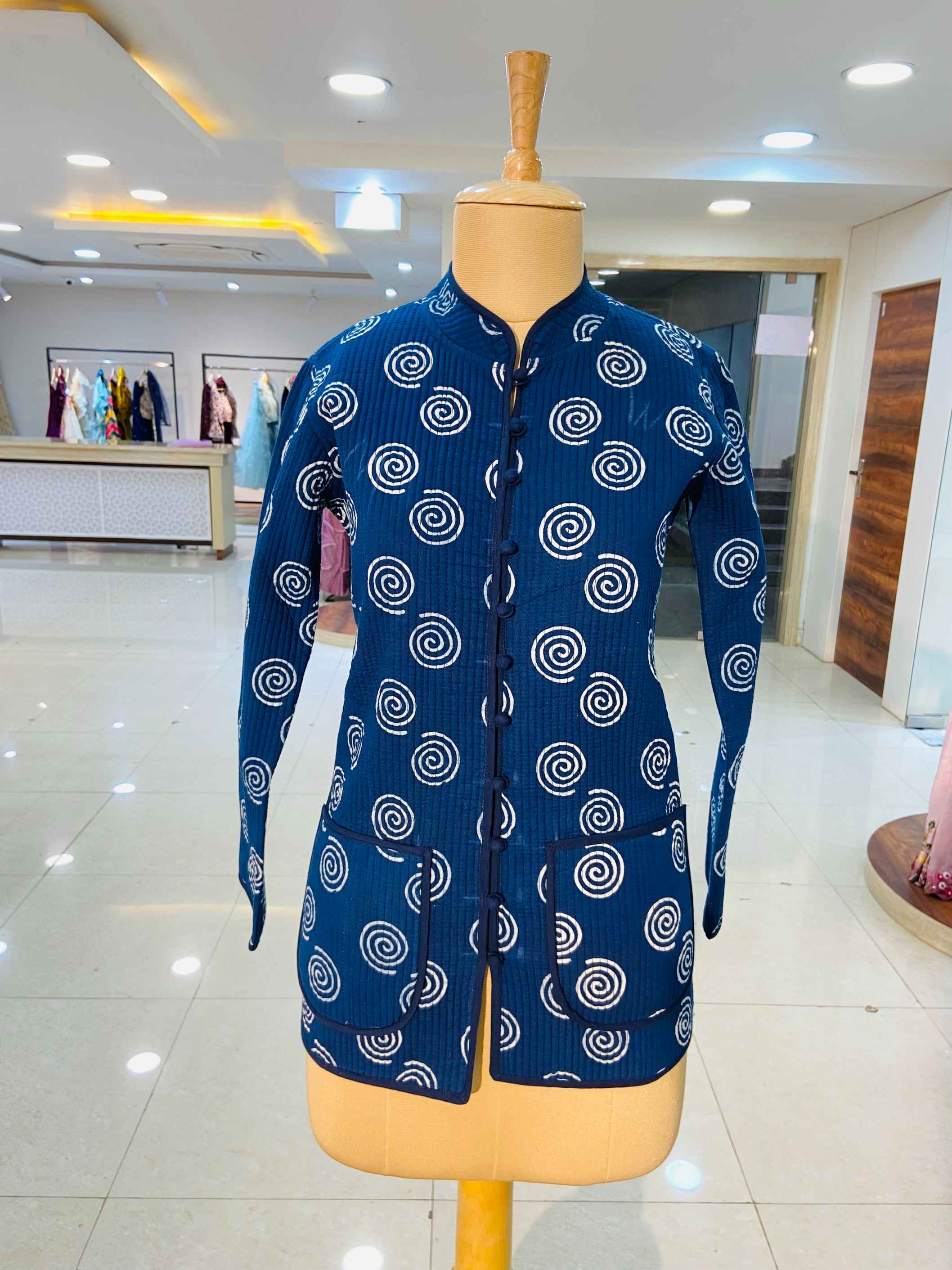 Blue Printed 100% Cotton Quilted Jacket - Daabu Jaipur