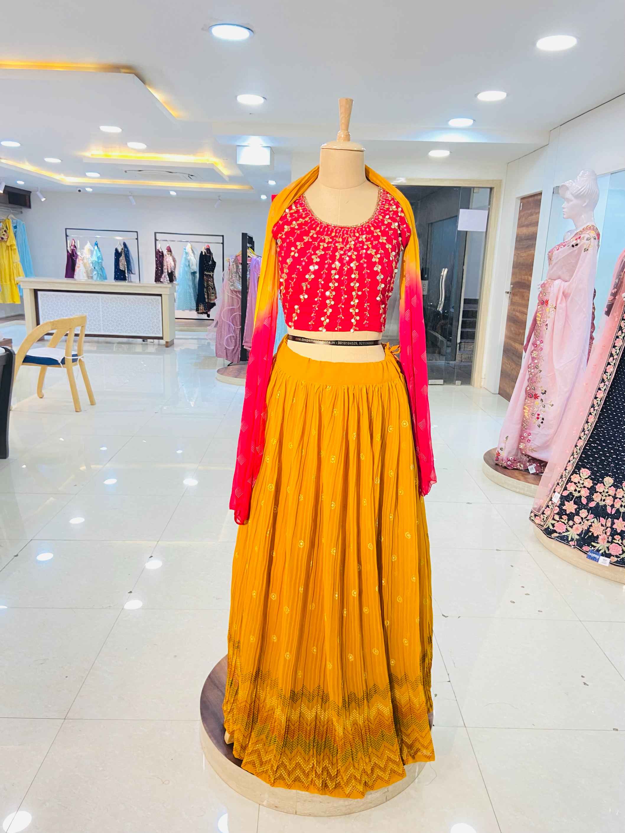 Mustard Georgette Lehenga With Blouse And Dupatta - Daabu Jaipur