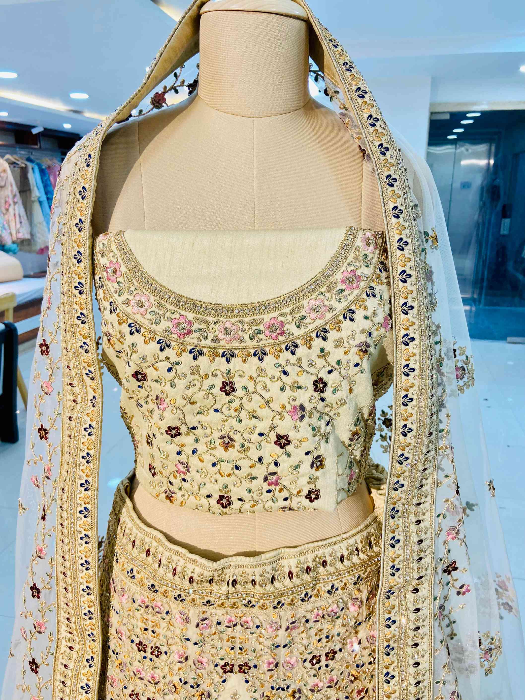 Beige Organza Heavy Designer Bridal Lehenga - Daabu Jaipur