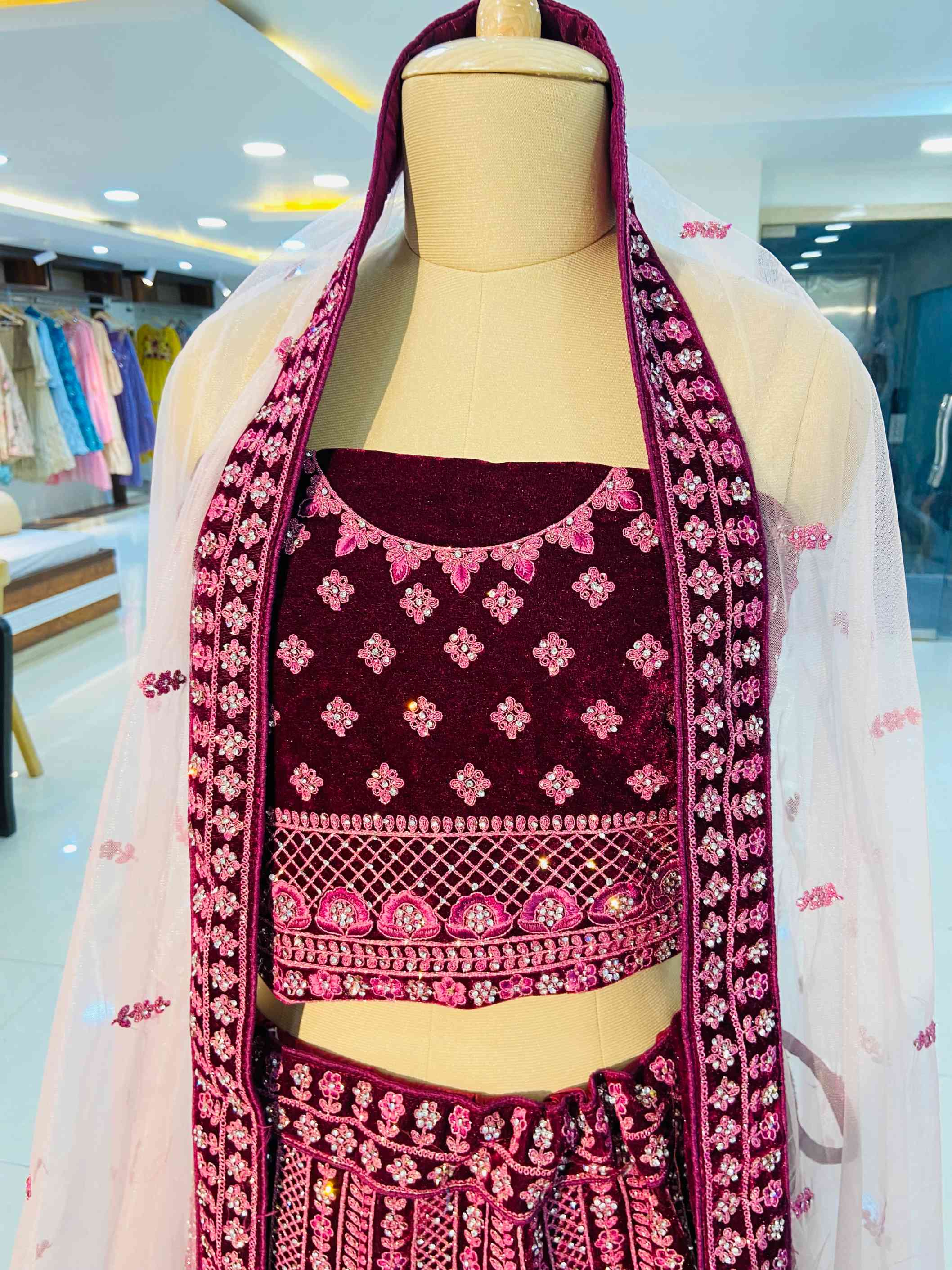 Burgundy Velvet Heavy Designer Lehenga - Daabu Jaipur