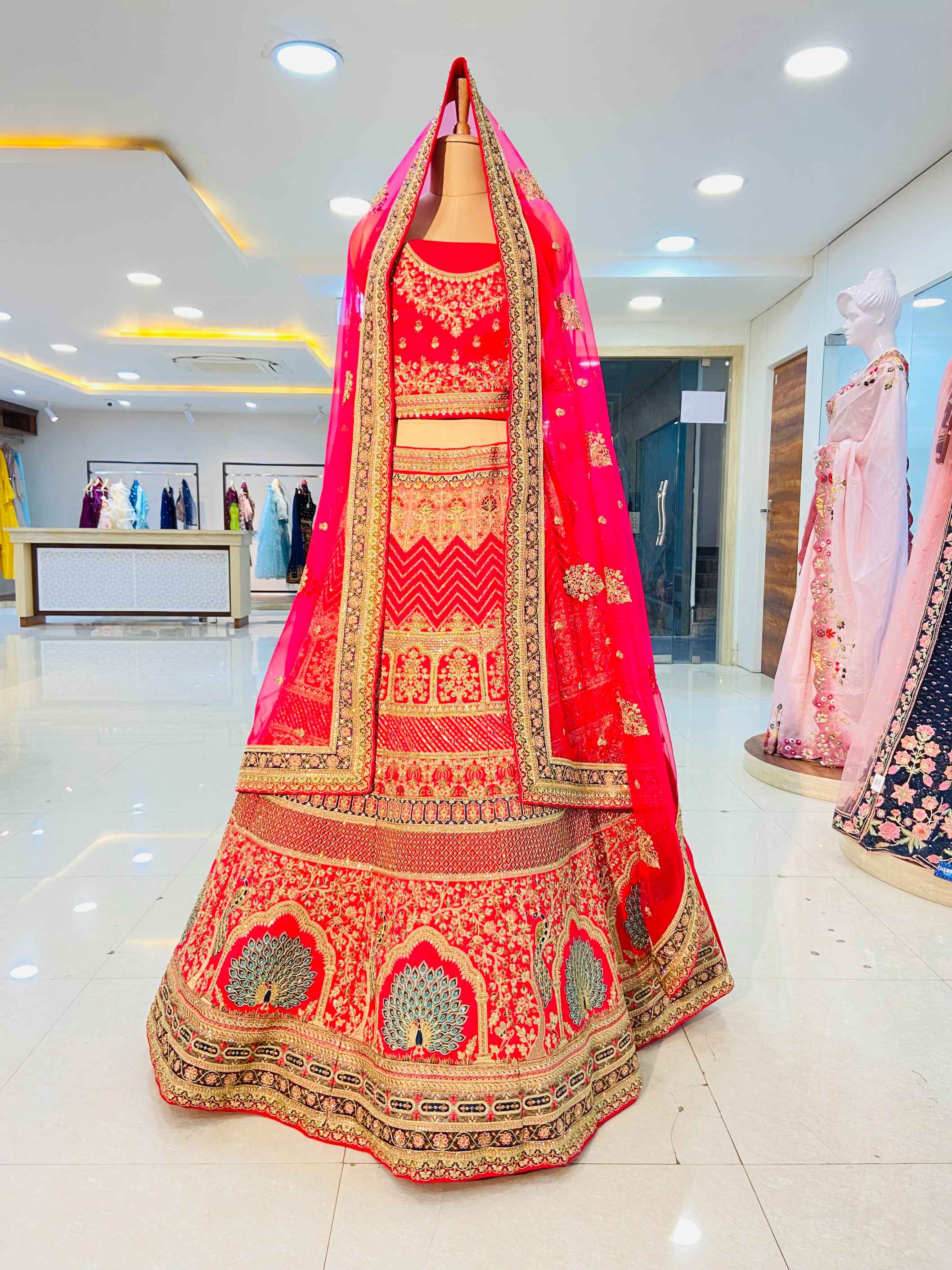 Red Raw Silk Designer Bridal Lehenga - Daabu Jaipur