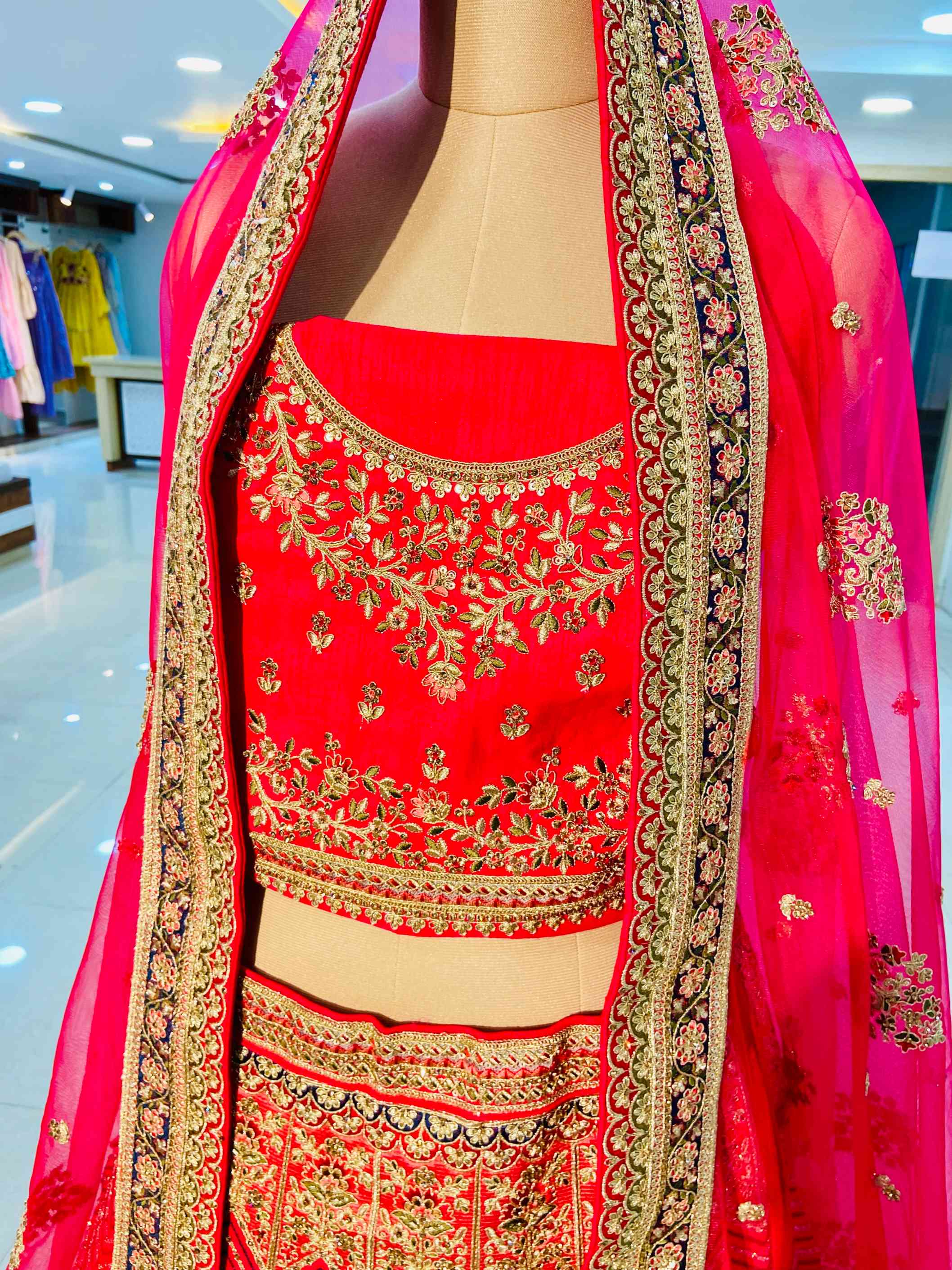 Red Raw Silk Designer Bridal Lehenga - Daabu Jaipur