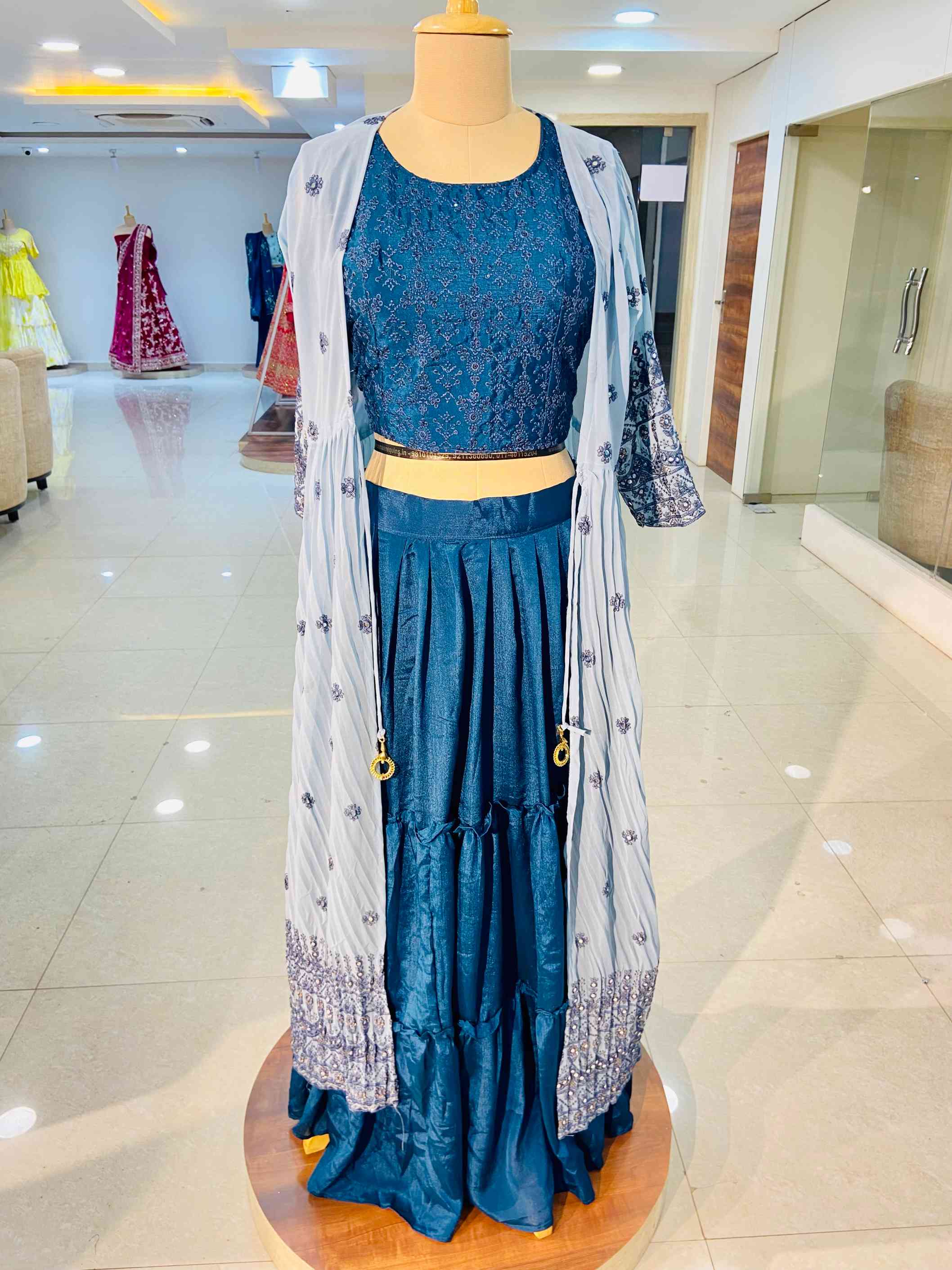 Navy Blue Chinon Lehenga With Shrug - Daabu Jaipur