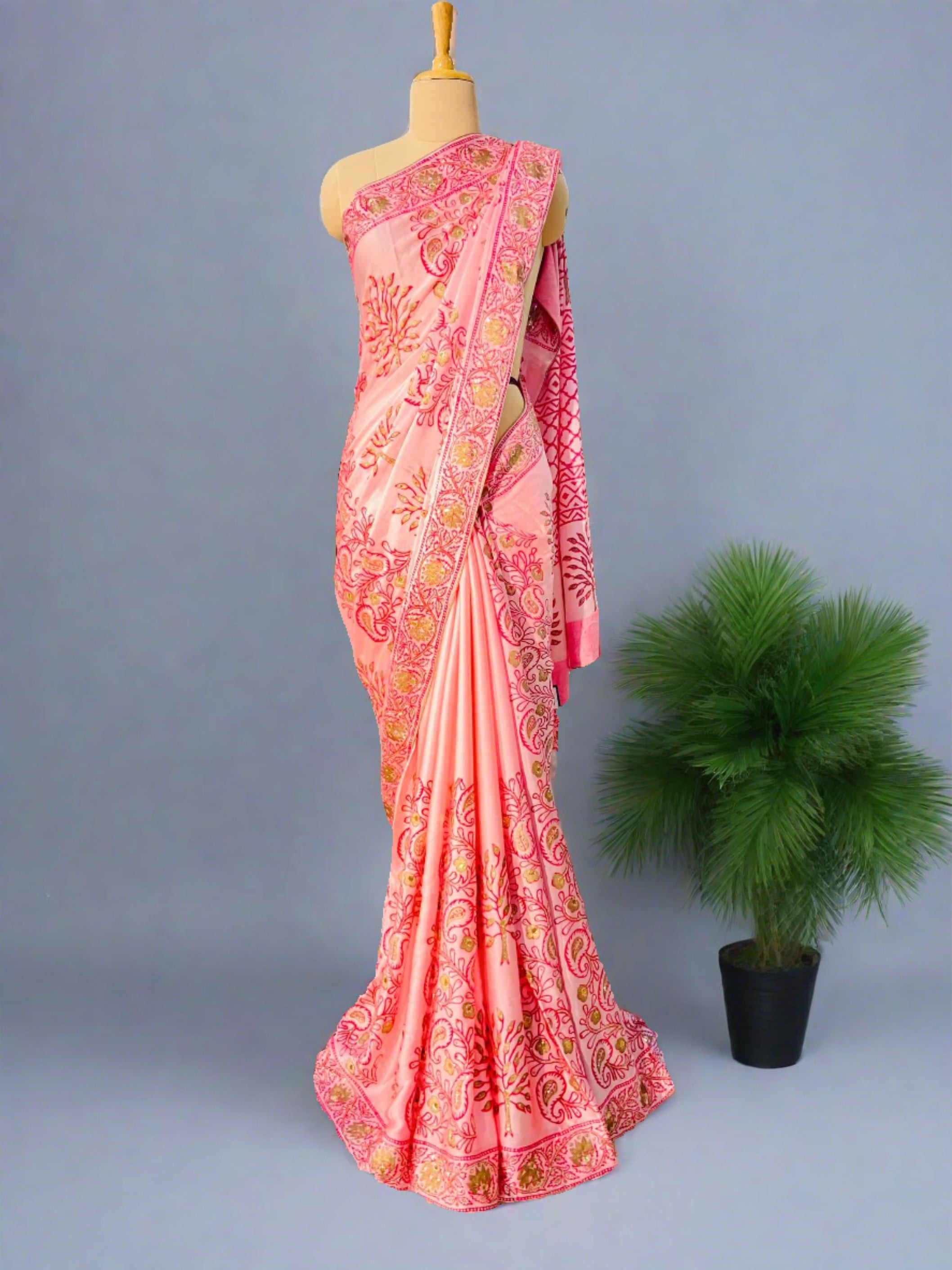 Baby Pink Crepe Saree - Daabu Jaipur