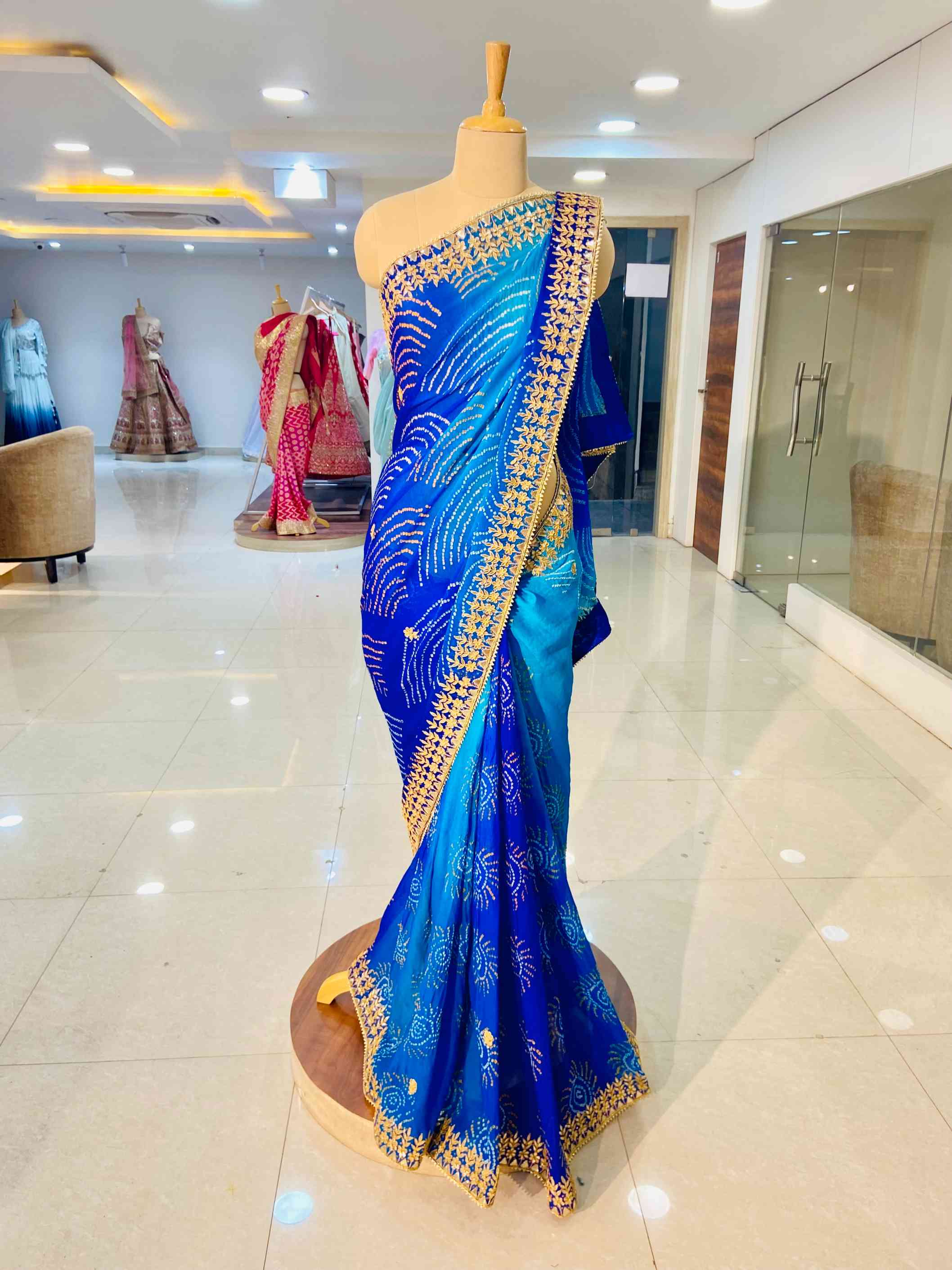 Shaded Blue Pure Bhandhej Saree - Daabu Jaipur