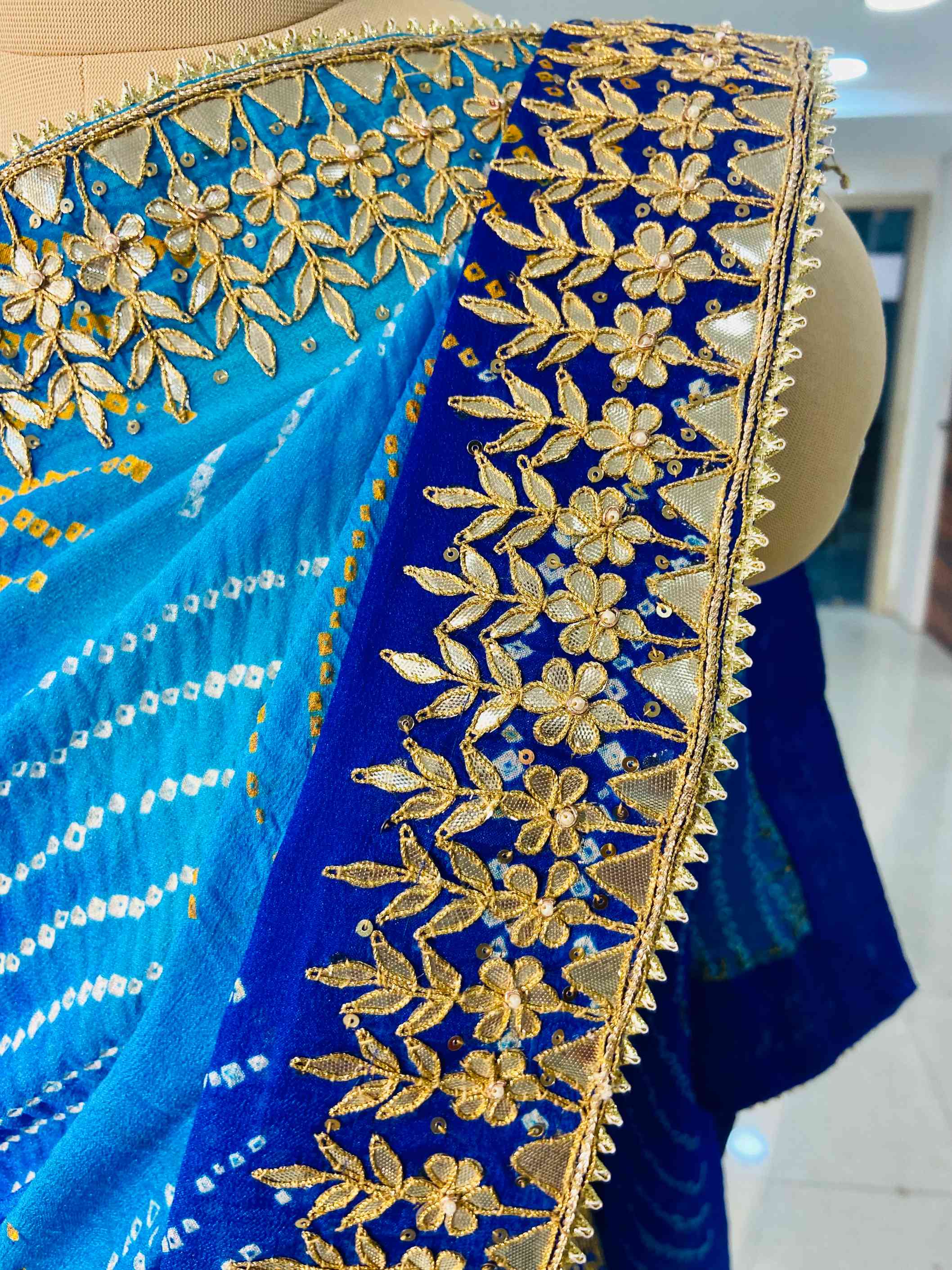 Shaded Blue Pure Bhandhej Saree - Daabu Jaipur