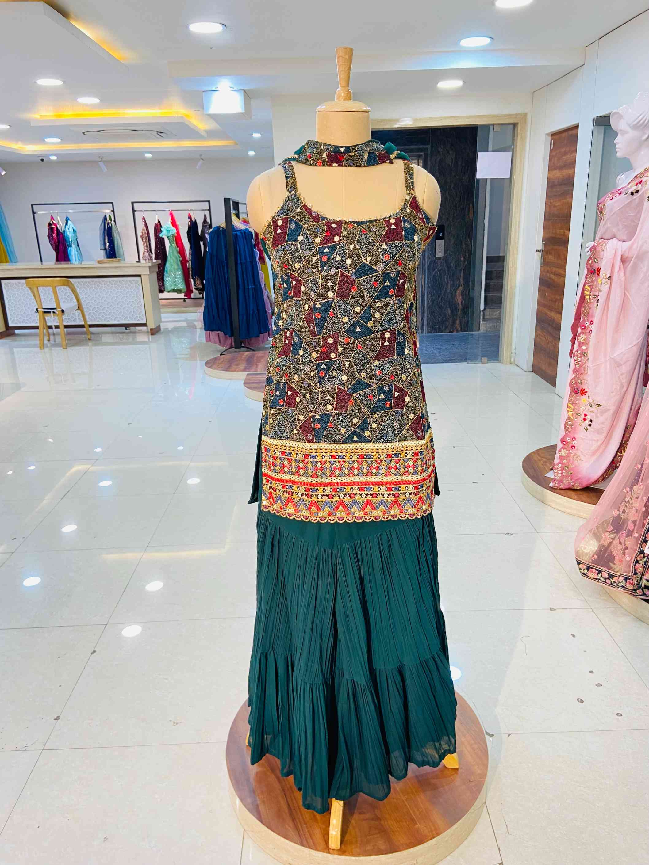 Ocean Green Georgette Sharara Set - Daabu Jaipur