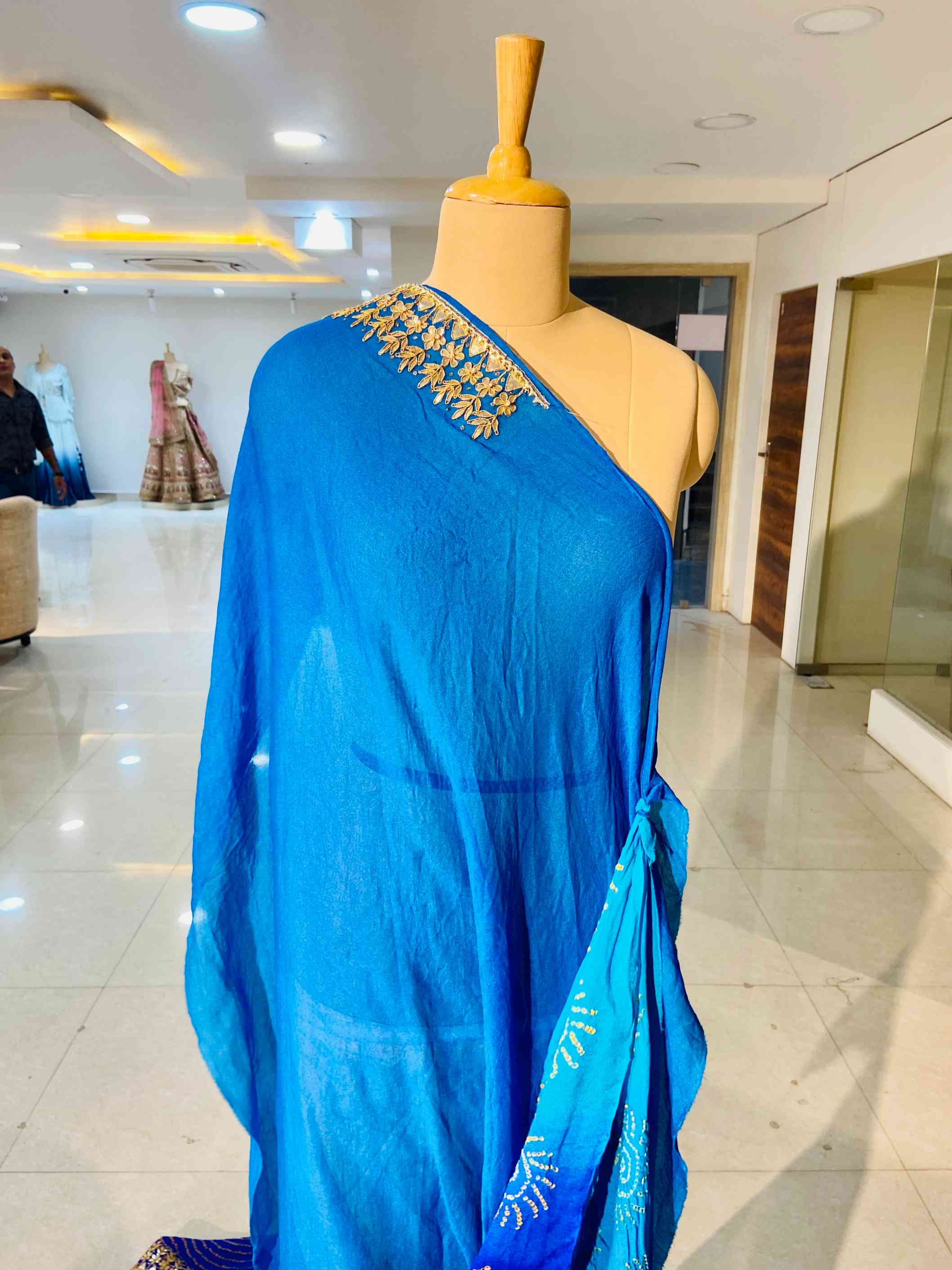 Shaded Blue Pure Bhandhej Saree - Daabu Jaipur