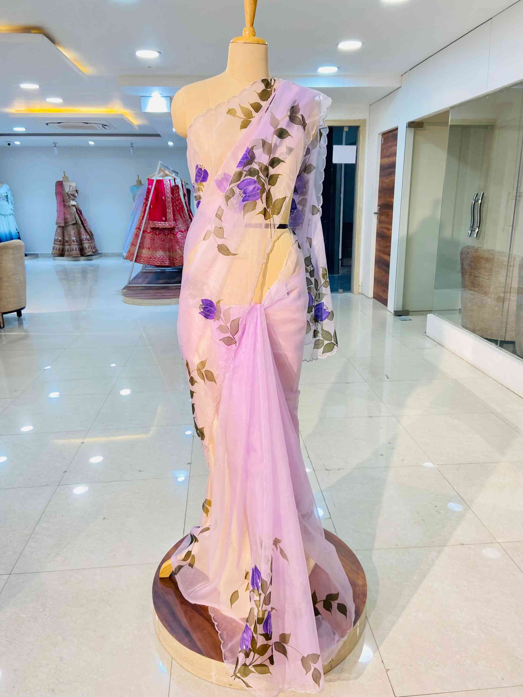 Lilac Hand Painted Organza Saree - Daabu Jaipur